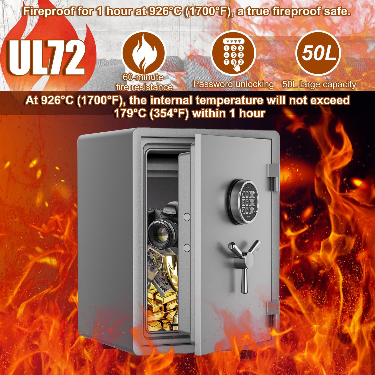 Waterproof and Fireproof Safe Box for Home with Digital - 0.9 Cubic Feet 94 lbs Heavy 1 Hours Fire Proof Safes - Home Safes Box for Firearm Medicine Money Valuables Document (Gray, 94 LBS)