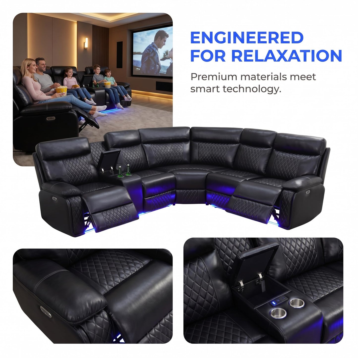 Trygoal Power Reclining Sectional Sofa Set, Modern L-Shaped Couch with Recliner, 4 Seat Power Reclining Sofa, Reclining Sectional Couches for Living Room, Home, Office, Leather, Dark Black