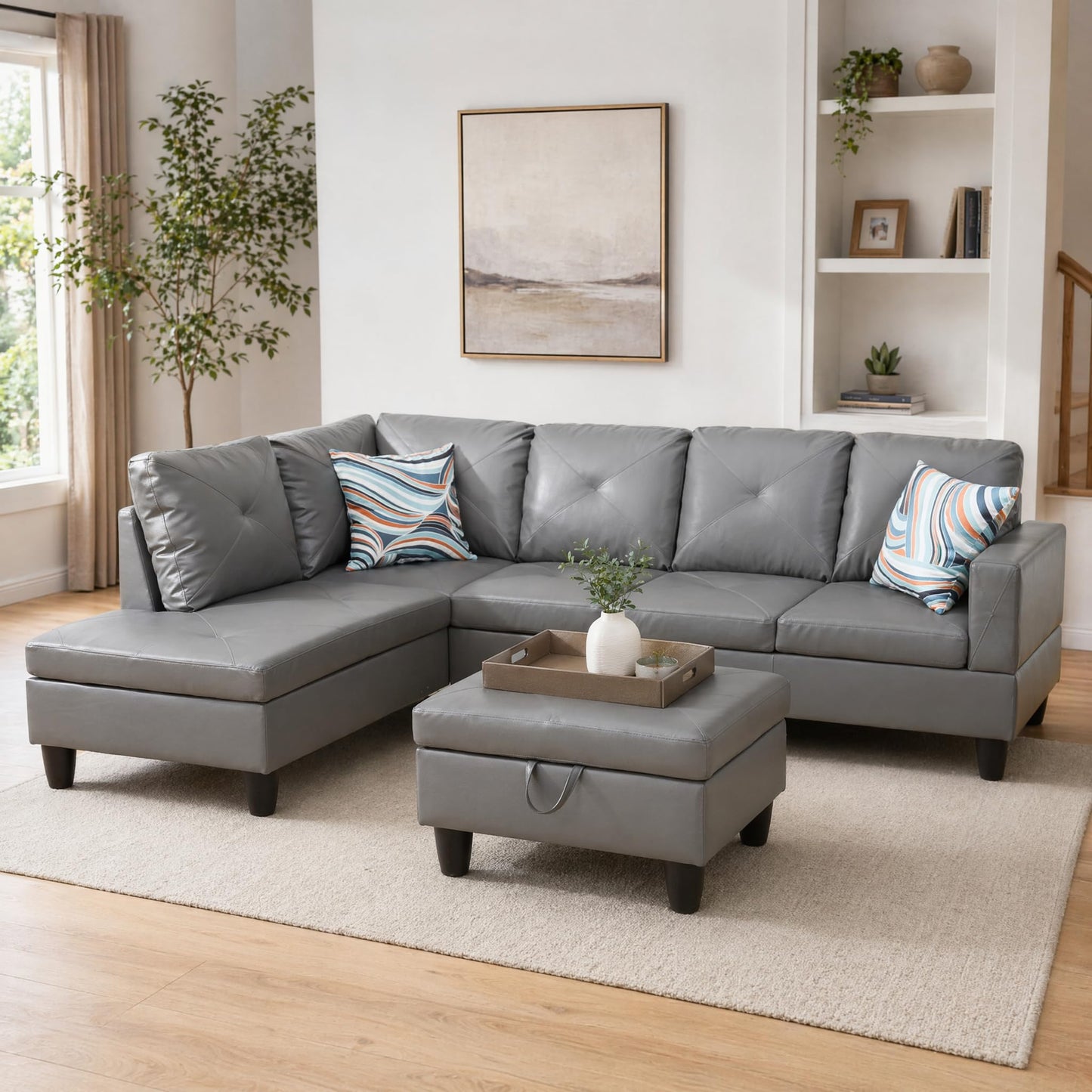 Trygoal 97" Leather L Shaped Couch with Left Chaise & Cup Holder, Sectional Sofas Modular Furniture Set with Storage Ottoman, Convertible Couches for Living Room, Small Space & Office (Grey)