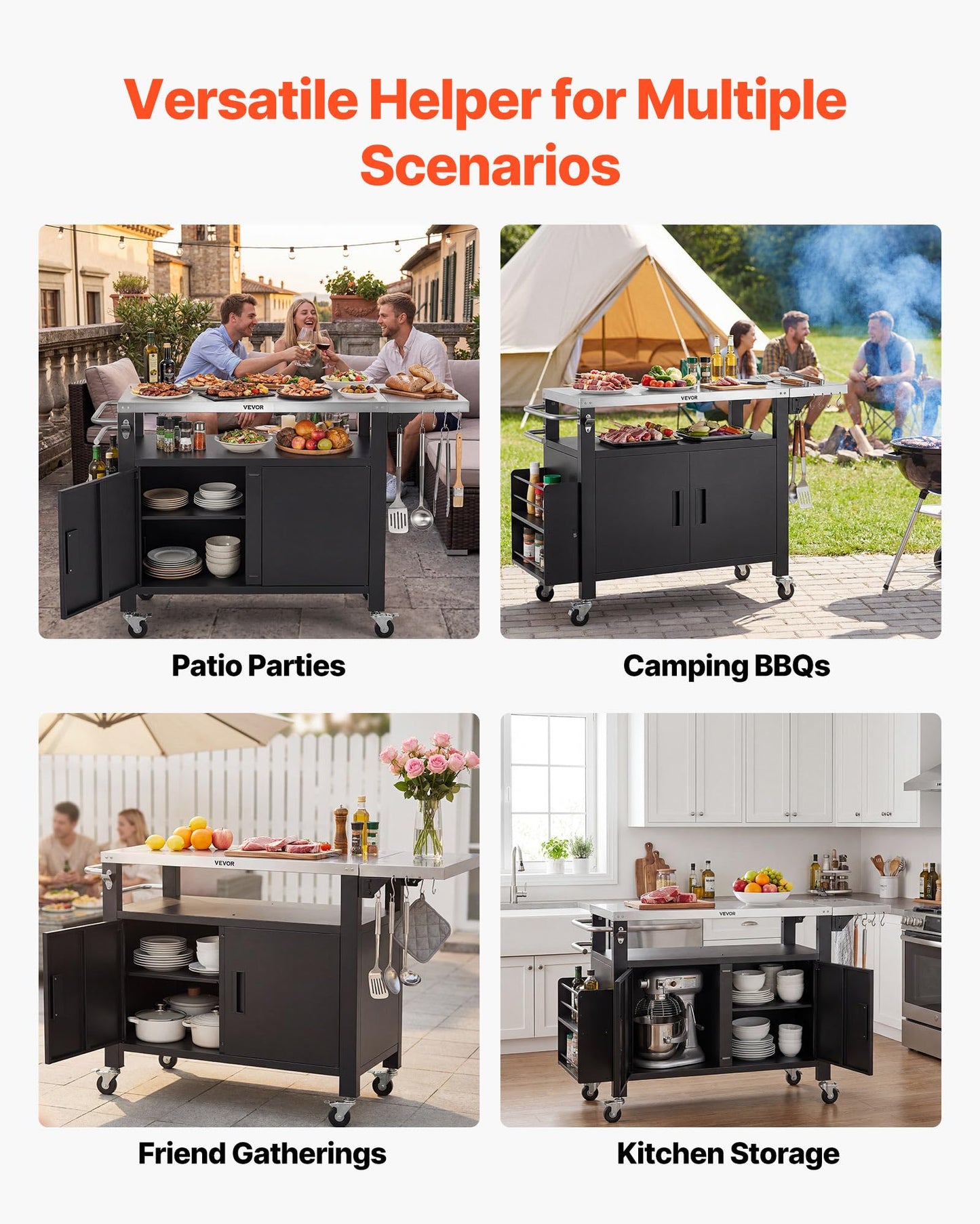 VEVOR Outdoor Grill Cart with Storage Cabinet, 55.1 Inch Grill Table, Waterproof Kitchen Island with Stainless Steel Top, Shelf, and Wheels, Movable Food Prep Station for Patio Bar Backyard BBQ