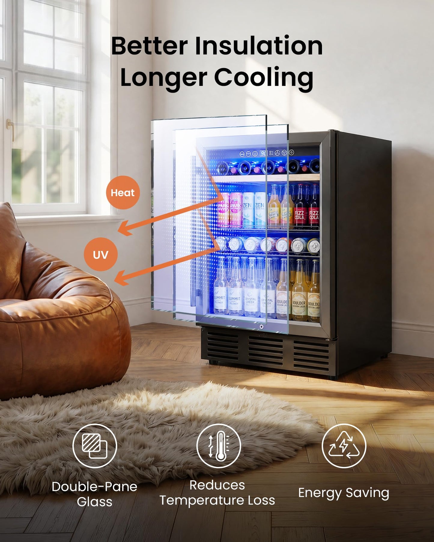 ICEVIVAL 24 In Beverage Refrigerator, 112 Cans & 8 Bottles Wine Fridge with Double-Layer Glass Door, Built-In or Freestanding Wine and Beverage Refrigerator, Under Counter Fridge for Home/Bar/Cafe