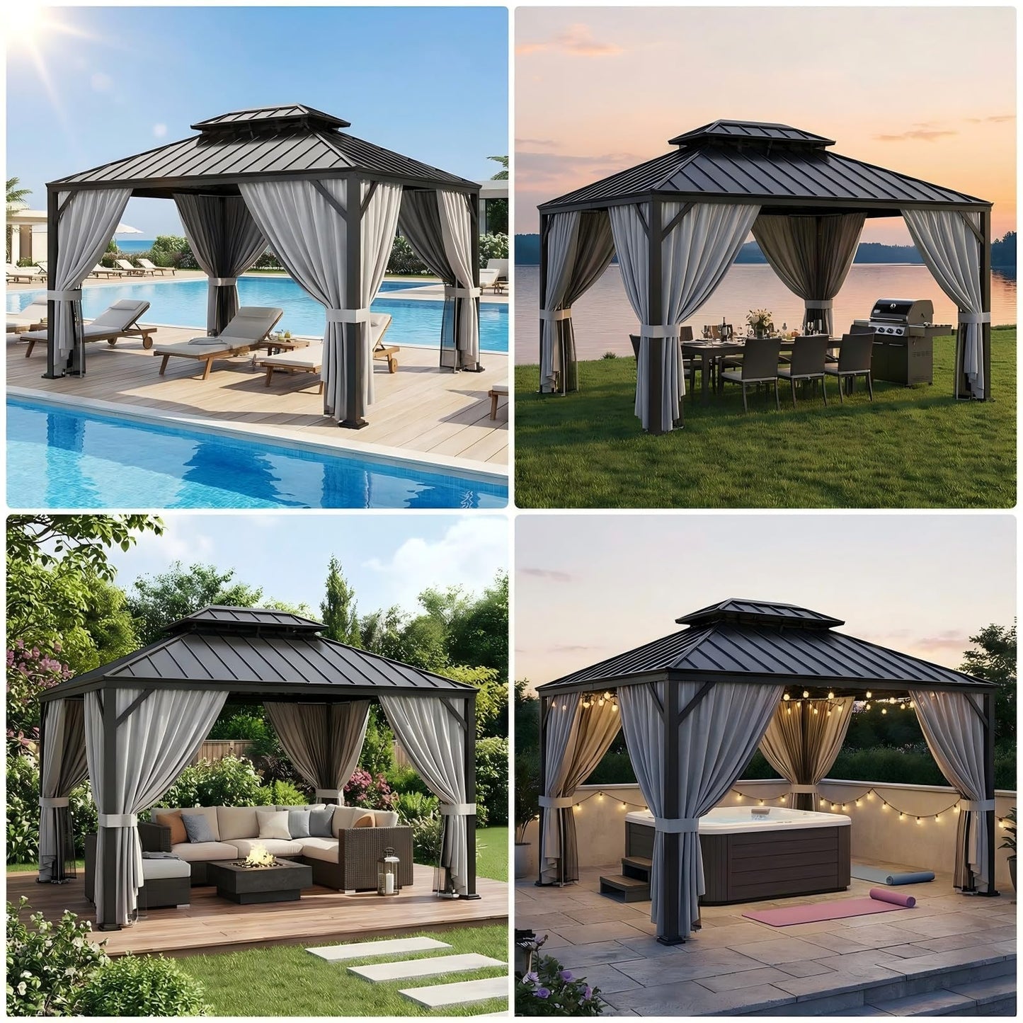 IRONCK 12'x10' Hardtop Gazebo, Update Aluminum Frame Gazebo with Galvanized Steel Double Roof, Outdoor Pergola with Curtain and Net, Backyard Canopy for Garden, Deck, Gray and Black