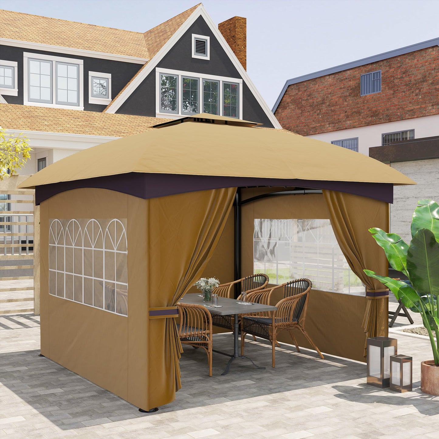 Outsunny 11' x 11' Outdoor Gazebo, Arc Patio Gazebo Canopy Shelter, UV Protected, with Curtains, Church Windows, Double Roof, Galvanized Steel Frame for Lawn, Backyard and Deck, Beige