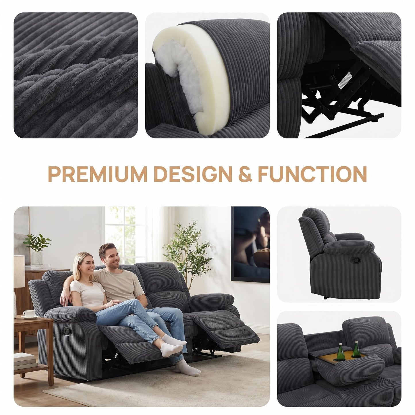 Trygoal Corduroy Power Recliner Sofa Set, Corduroy Recliner Couch Sets with Multi Angle Reclining, 3 Piece Sectional Sofa with USB Charging Port for Home Theater, Living Room, Office, Dark Gray