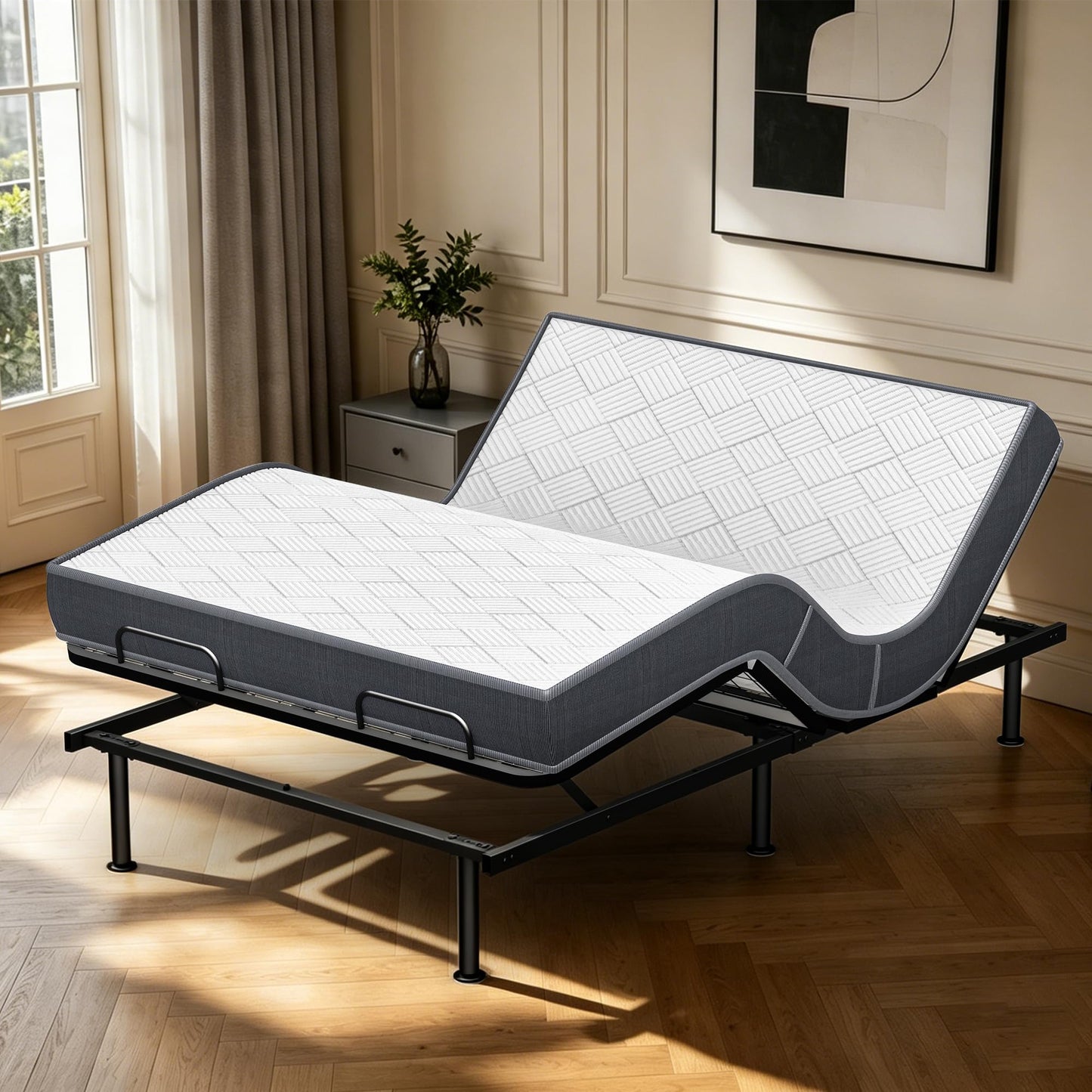 AESOROMO Full Size Adjustable Bed Frame Base with Mattress Electric Bed Simultaneous Head & Foot Incline Zero Gravity Aniti-Snore Adjustable Leg Heights 5 Inch Foam Mattress