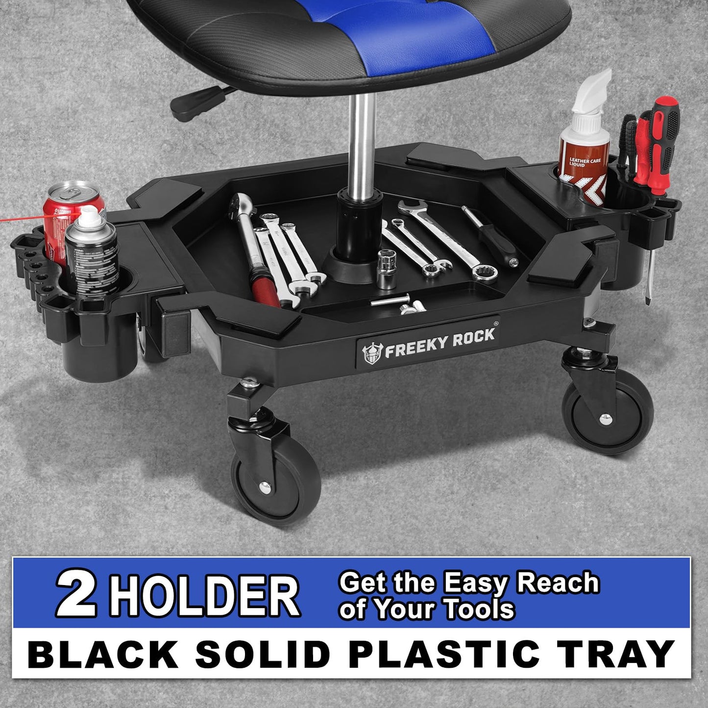 FREEKYROCK Rolling Stool with Wheels, Adjustable Height Pneumatic Garage Work Mechanic Stool Seat with Backrest, 400 LBS Capacity 360° Swivel Mechanic Crepper Chair with Tool Tray Storage, Blue