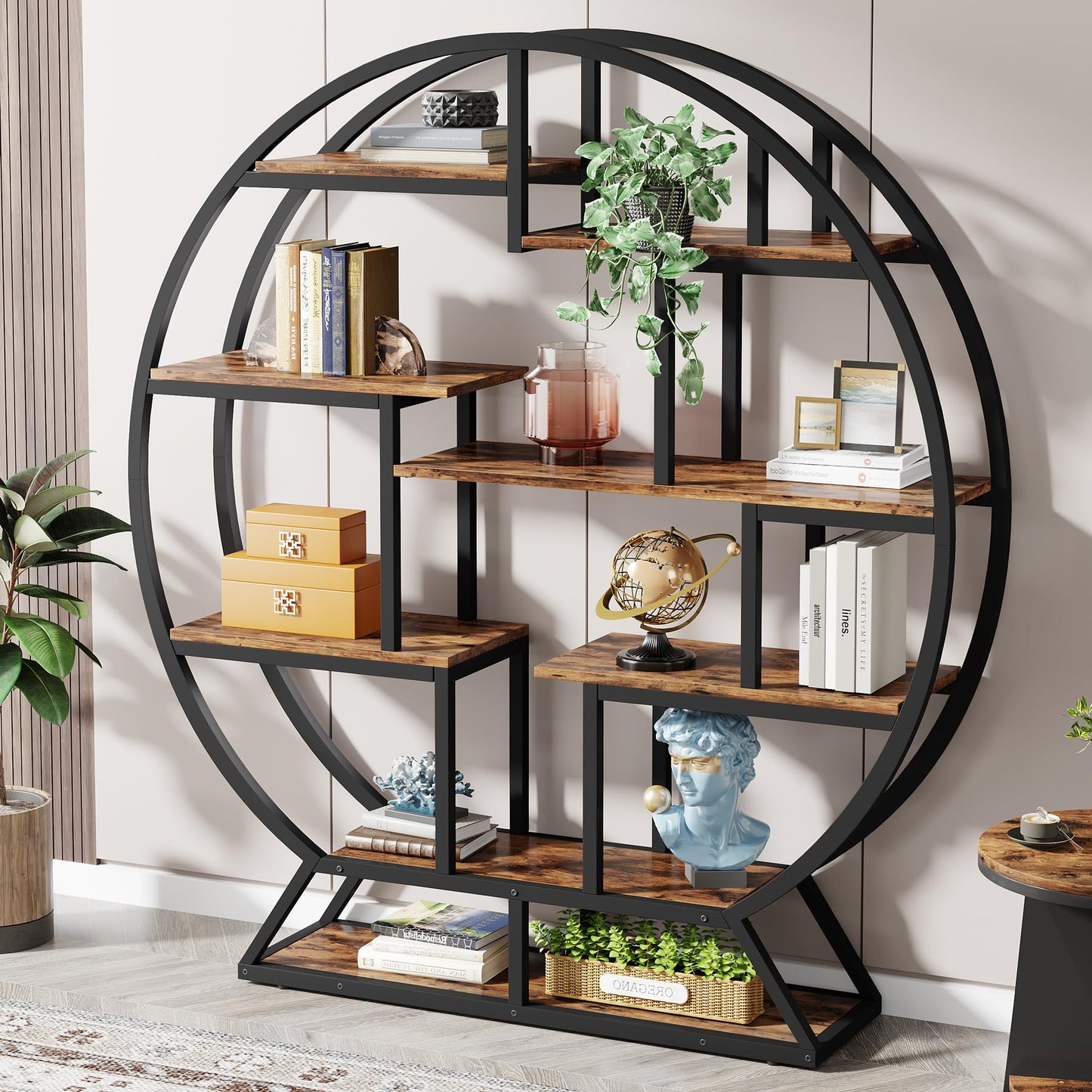 Tribesigns Bookshelf, Round Bookshelves Etagere Bookcase, 63 Inch Industrial Wood Book Shelf with Staggered Shelves, Rustic Open Shelving Organizer Rack Display Shelf for Home Office, Living Room