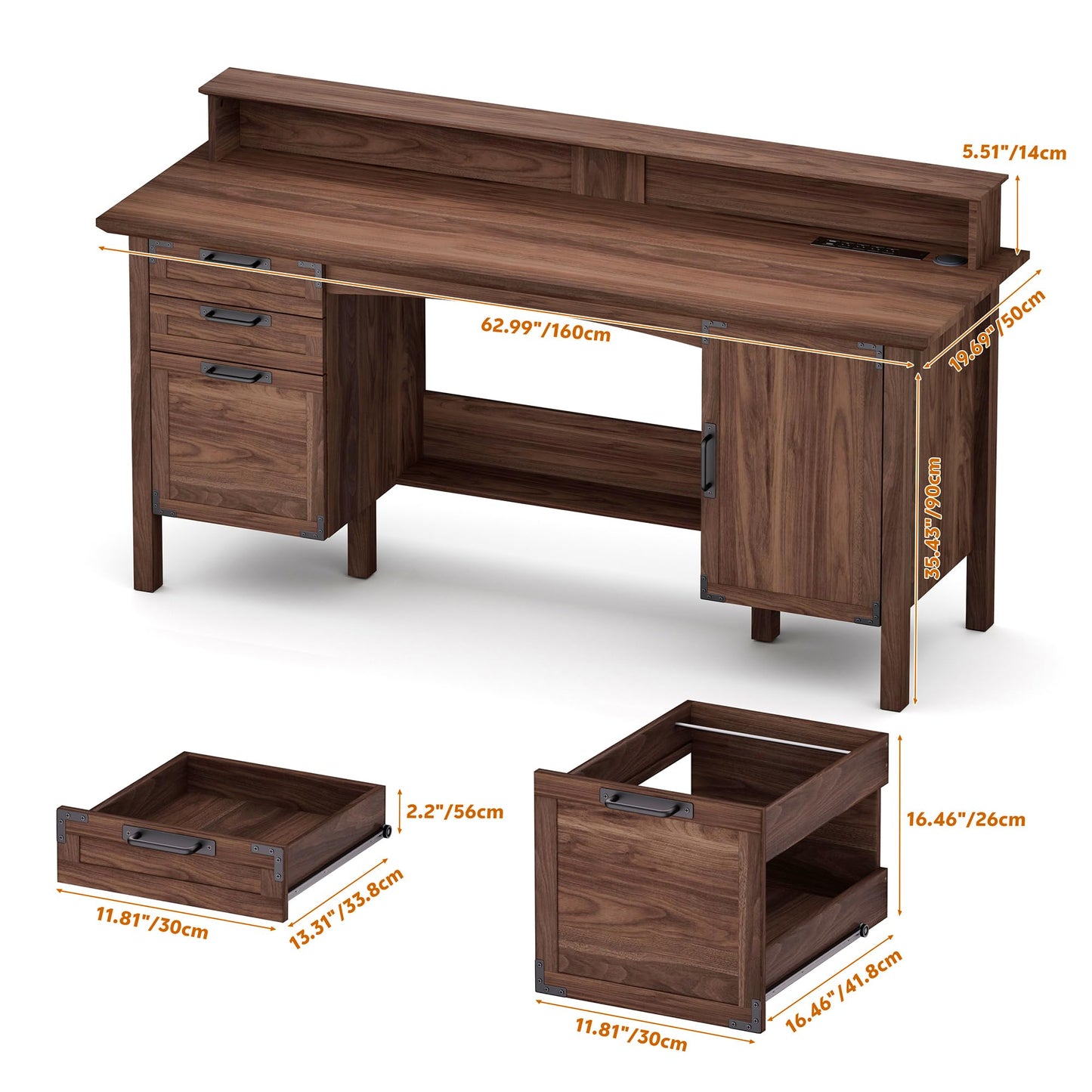Homiflex Farmhouse Office Desk with Power Outlet & Monitor Stand, 63'' Home Computer Desk with 2 Drawers, File Cabinet, Storage Cabinet, Executive Desk for Work, Study, Writing, Gaming, Walnut
