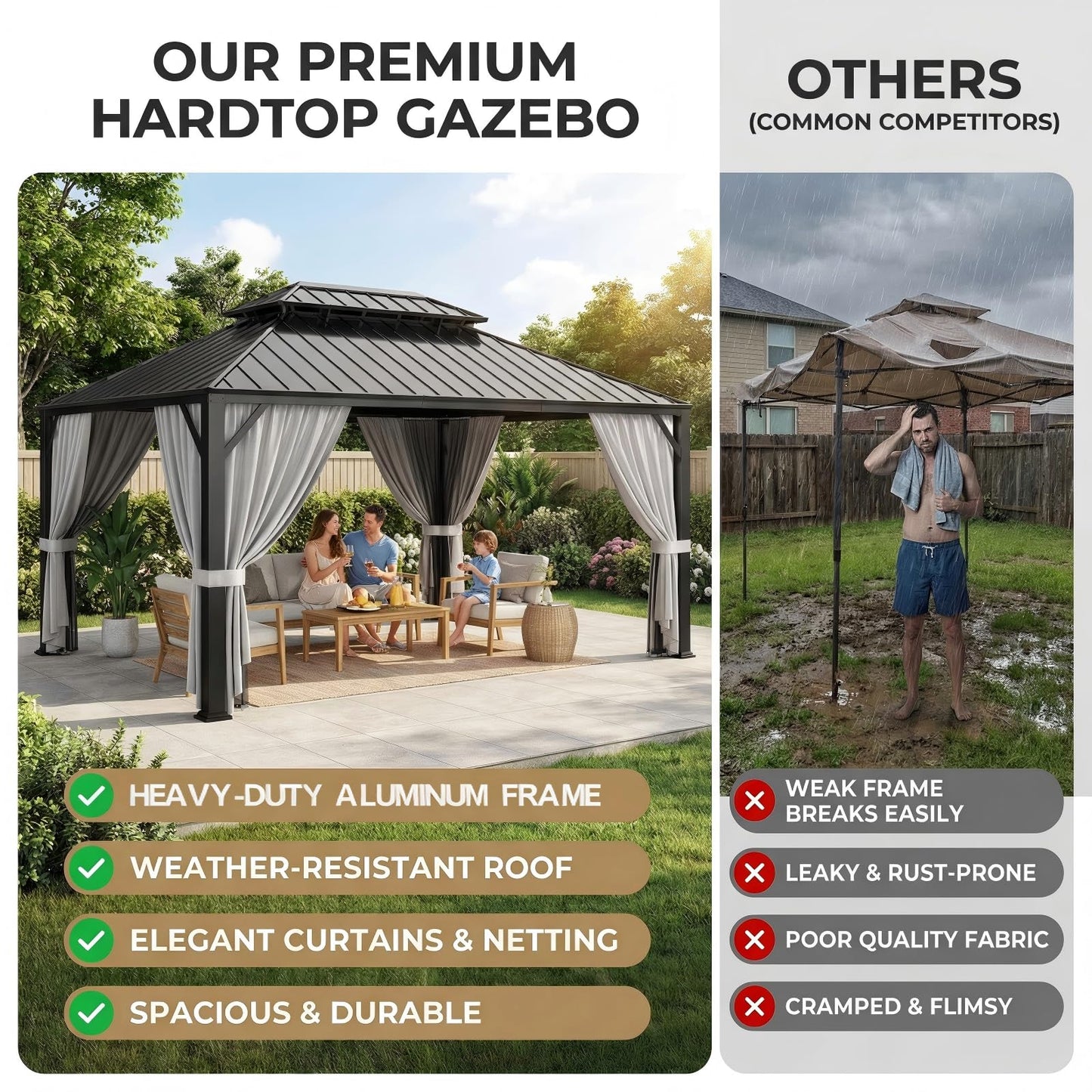 IRONCK 12'x10' Hardtop Gazebo, Update Aluminum Frame Gazebo with Galvanized Steel Double Roof, Outdoor Pergola with Curtain and Net, Backyard Canopy for Garden, Deck, Gray and Black