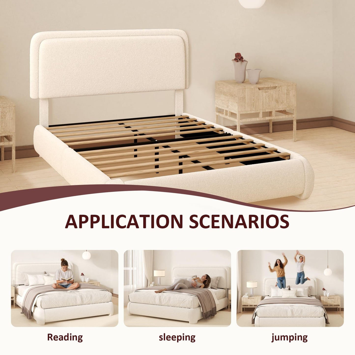Vcooved Queen Boucle Platform Bed Frame with Height Adjustable Headboard, Modern Upholstered Cloud Bed, Sleek Curved Design, No Box Spring Needed, Noise Free, Easy Assembly, Beige
