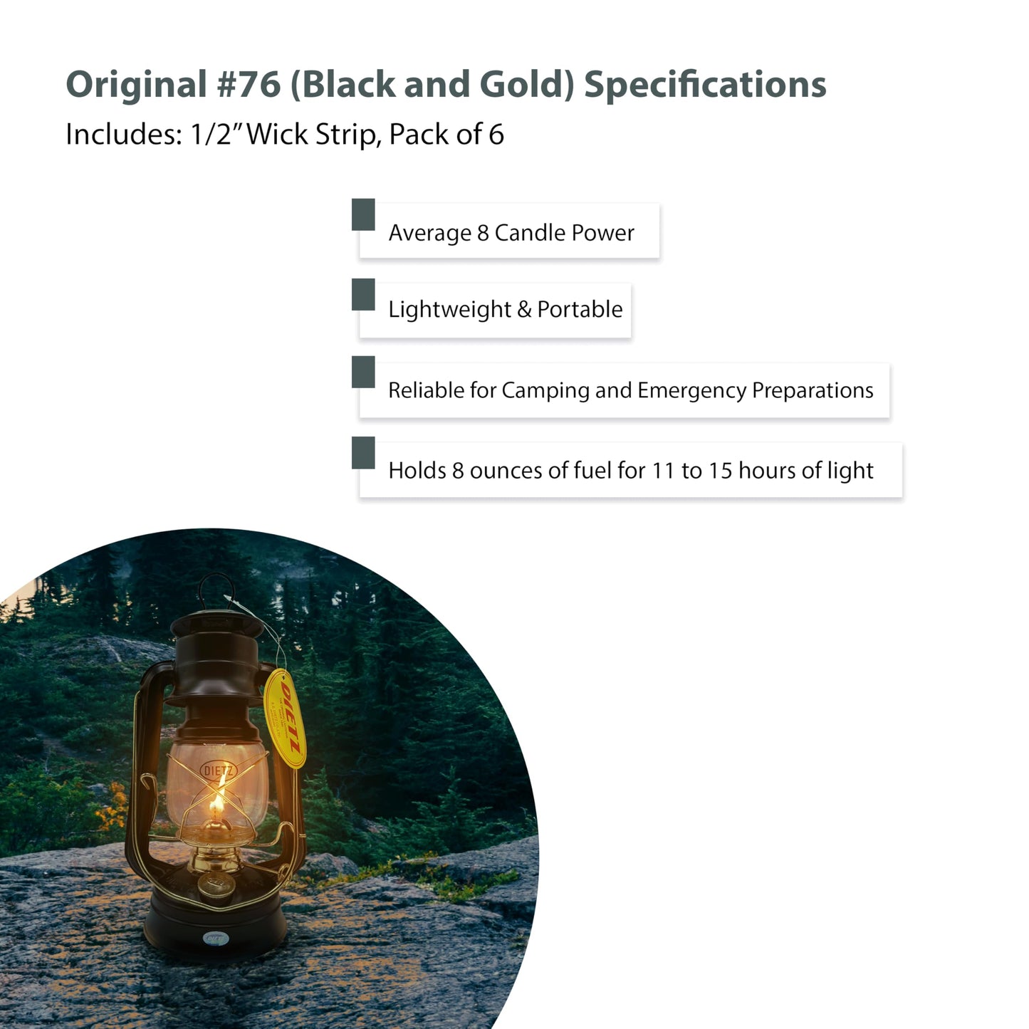 LIGHT OF MINE Oil Lantern - Dietz #76 Original, Black with Gold Trim, Metal, Replacement Wick Strips Included