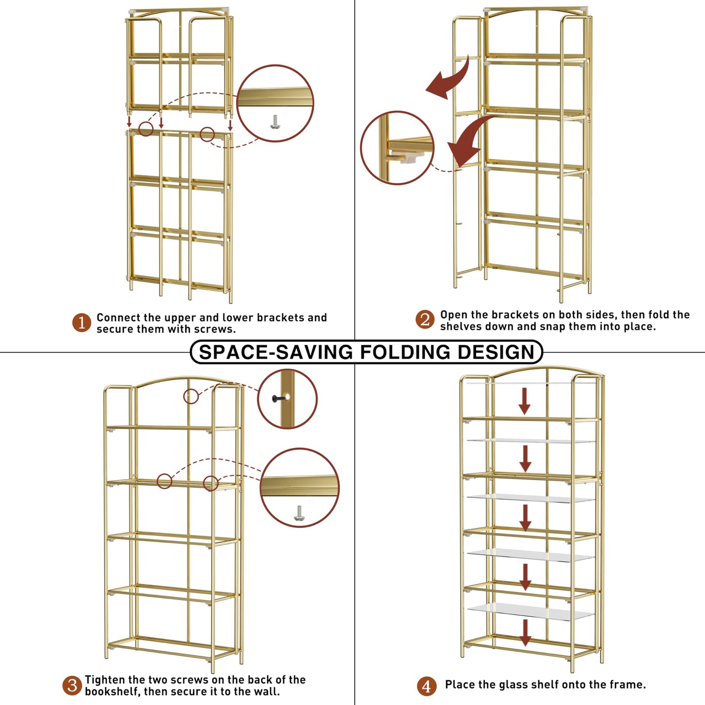 Crofy 5-Tier Wider Foldable Bookshelf, Gold Frame & Transparent Shelves