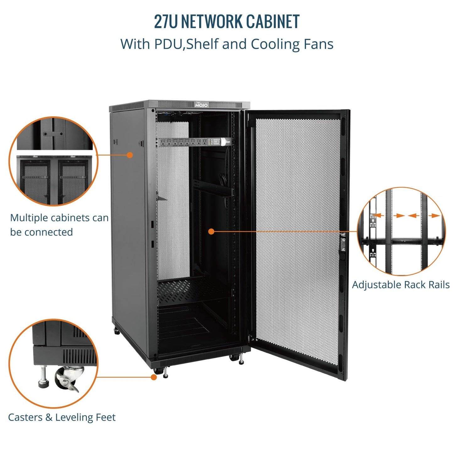 Tecmojo Network Rack Cabinet,27U Server Rack,31.5 Inch Depth,Hold Up to 1800Lbs,Lockable Cabinet with Casters and Complete Accessories,Mesh Door,for Home,Office,Small Business (27U 23.6" w*31.5" d)