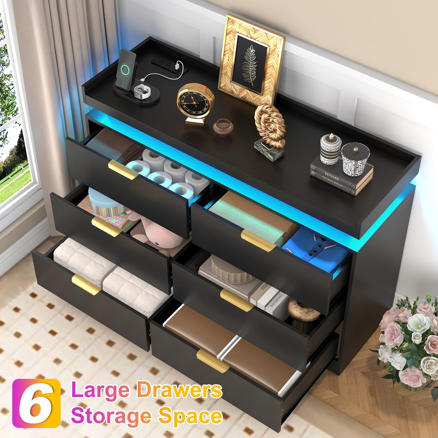 6 Drawer Dresser for Bedroom, Black Dresser with LED Lights and Power Outlet, Modern Chest of Drawers for Closet, Double Wide Drawer Organizer Cabinet for Bedroom, Living Room, Entryway, Hallway