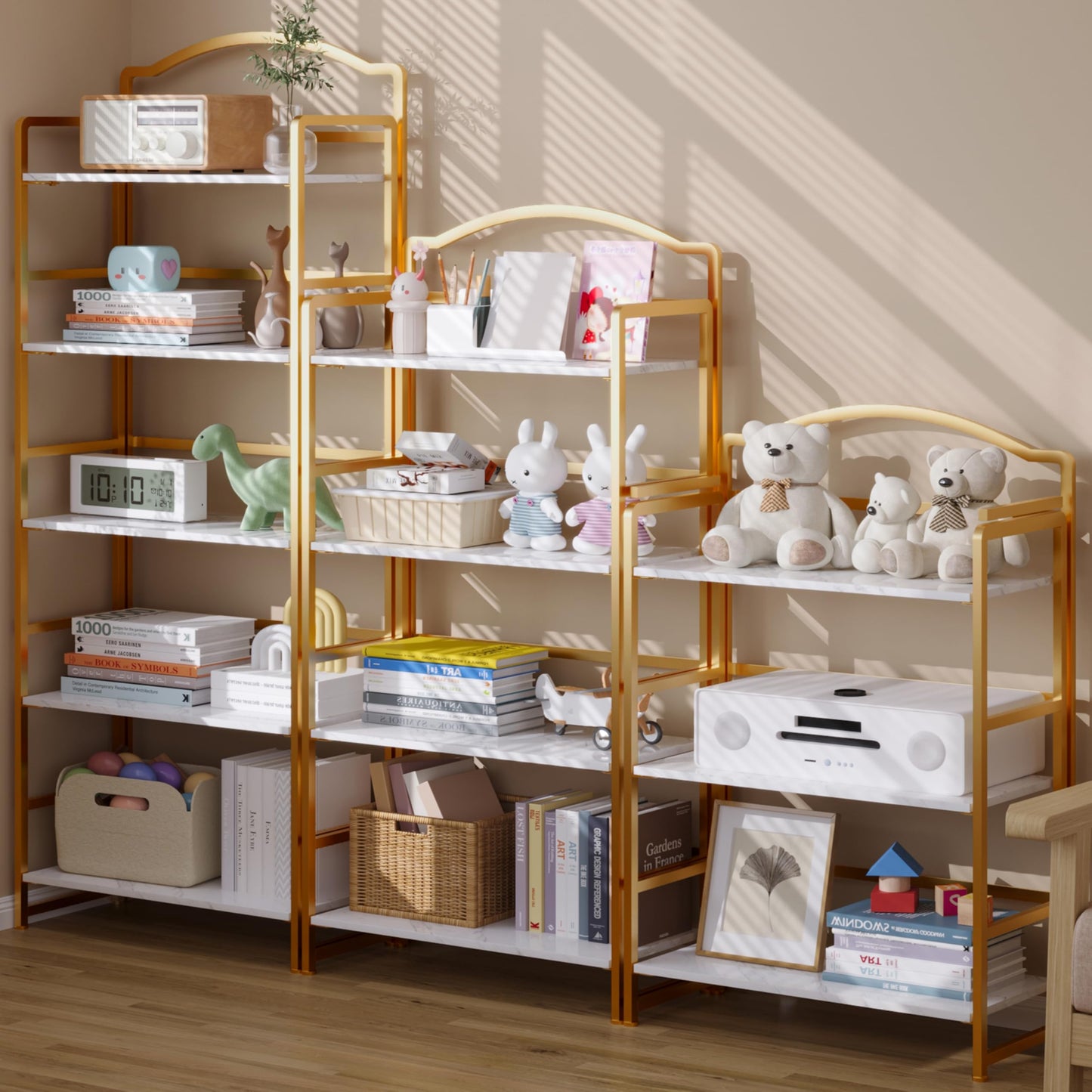 JSB 5 Tier No Assembly Folding Bookshelf, Arched Bookshelf, Foldable Bookcase for Living Room, Bedroom, Office,Skinny Bookshelf (White and Gold)
