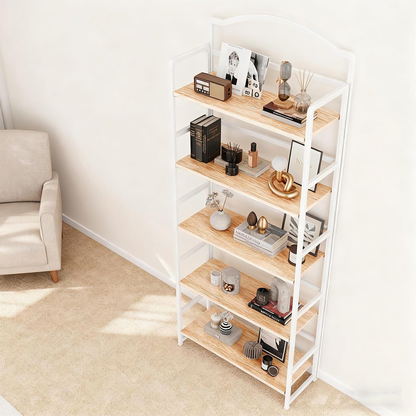 JSB 5 Tier No Assembly Folding Bookshelf, Arched Bookshelf, Foldable Bookcase for Living Room, Bedroom, Office,Skinny Bookshelf (White)
