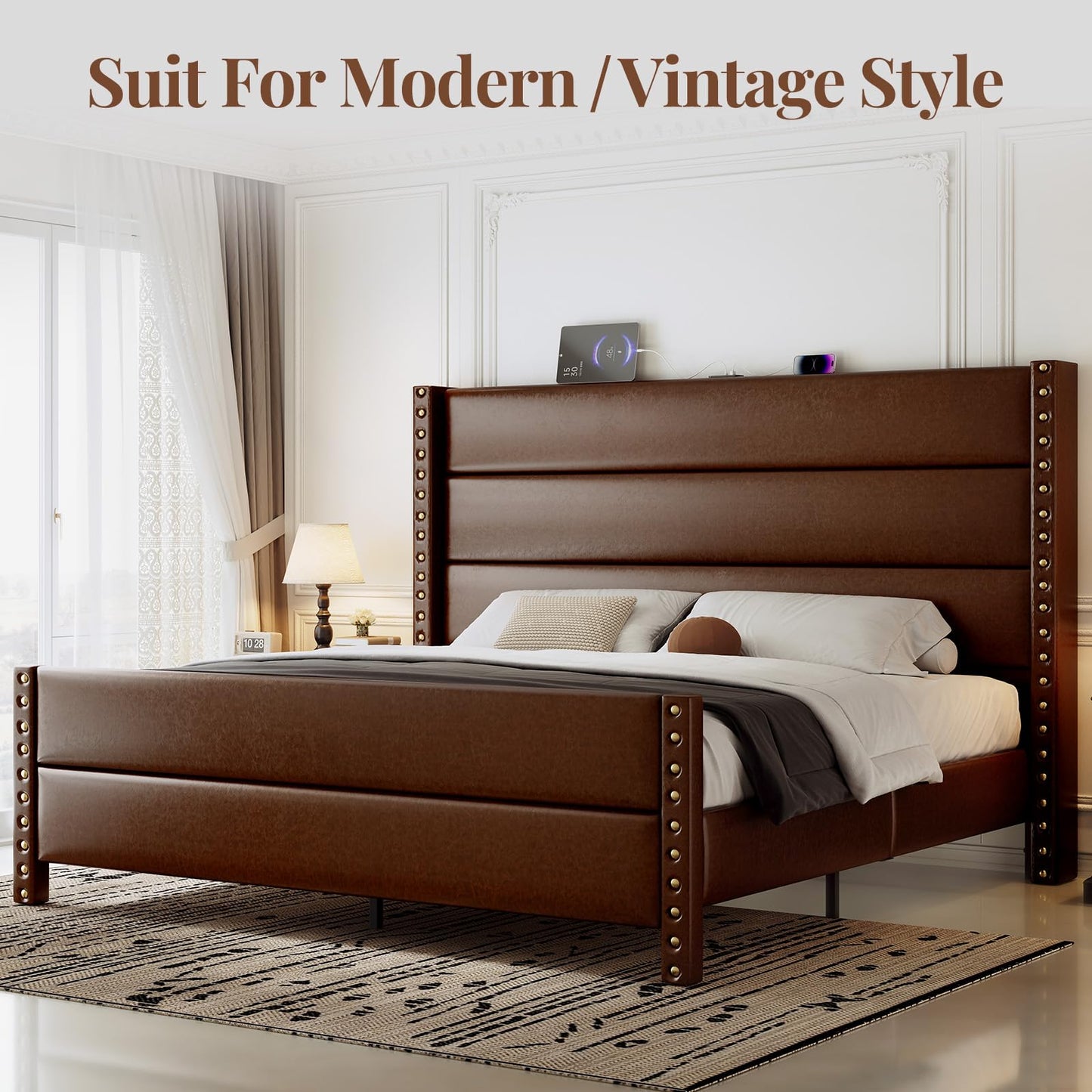 Uteeran King Size Bed Frame with Storage Shelf & Charging Station, 55" Tall Headboard & 25.6" Footboard, Faux Leather Upholstered Platform Bed with Big Rivets Wingback, Heavy Duty & Noise-Free, Brown