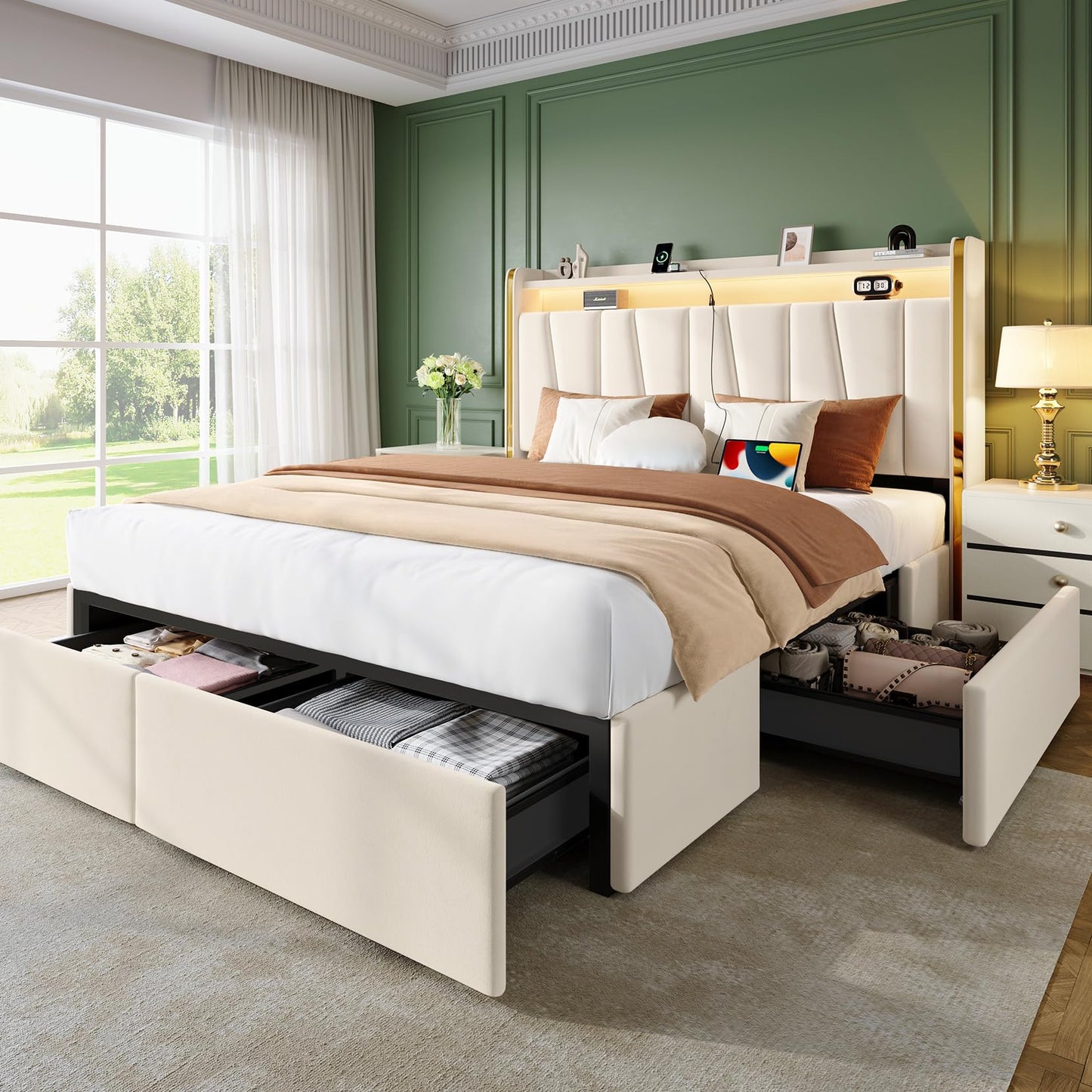 koorlian Queen Upholstered Bed Frame with 2-Tier Storage Headboard and 4 Dustproof Drawers, 51" Tall Platform Bed Frame with Adjustable Headboard, LED Lights, Charging Station, Easy Assembly, Beige