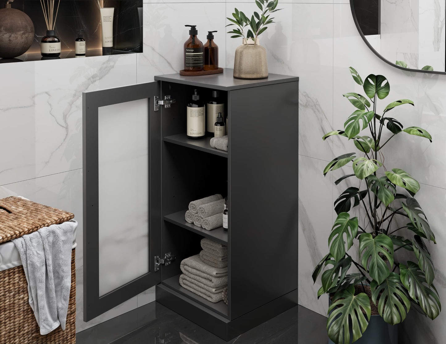 Palace Imports 100% Solid Wood Bathroom Cabinet, Frosted Door, Black, 16.5" w x 35.75" h x 15.5" d, Renewable Eco-Friendly Wood, Made in Brazil