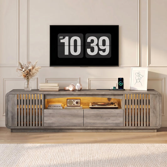 Homiflex 63" TV Stand with Storage, Mid Century Modern Entertainment Center with Power Outlet & LED Lights, Fluted Media Console Table with 2 Drawers and Grille Doors for Living Room Bedroom, Natural