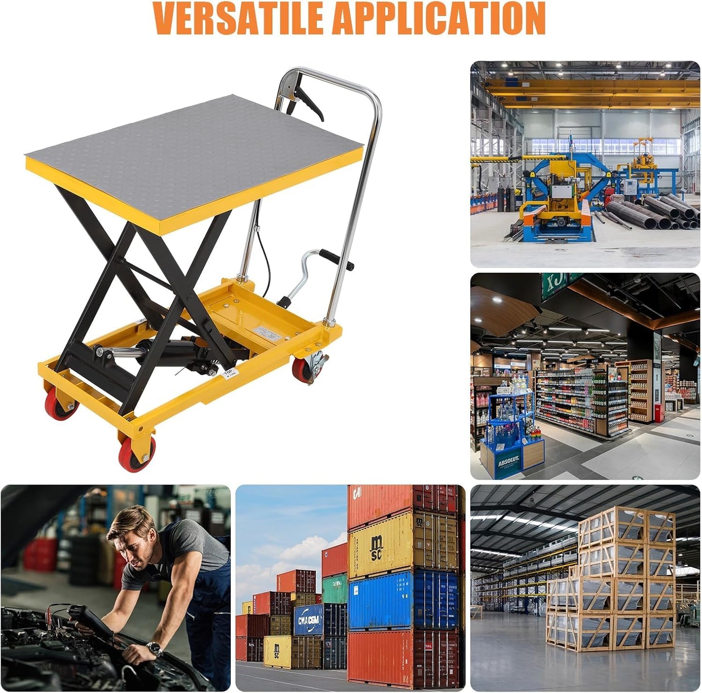 GarveeTech 330 LBS Hydraulic Lift Table Cart,Manual Single Scissor Lift Table Capacity 28.4 in with 4 Wheels and Non-Slip Pad for Material Handling and Transportation,Yellow