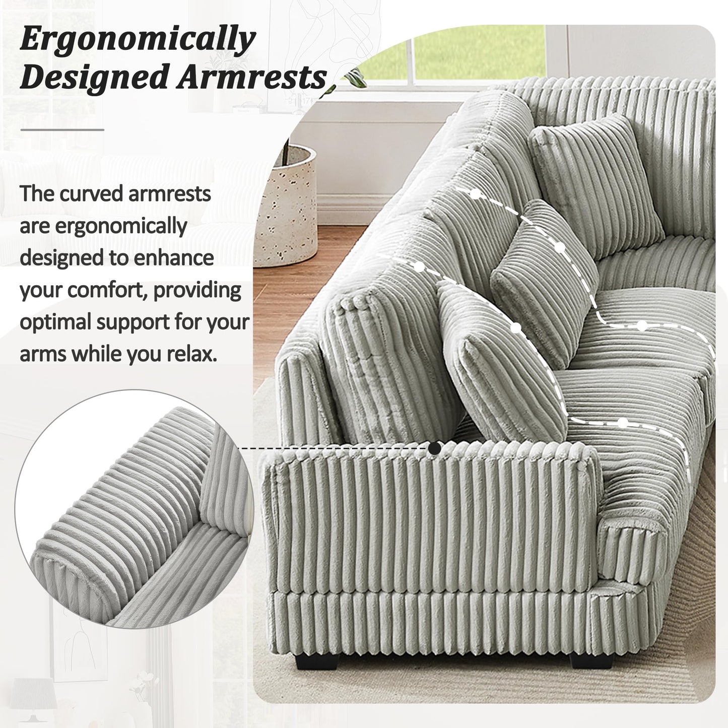 ERYE 129-Inch U-Shaped Sectional Sofa Couch W/Right Facing Chaise Lounge,Oversized Corduroy Upholstered Corner Modular Sofa Couch with 7 Toss Pillows for Living Room Sets