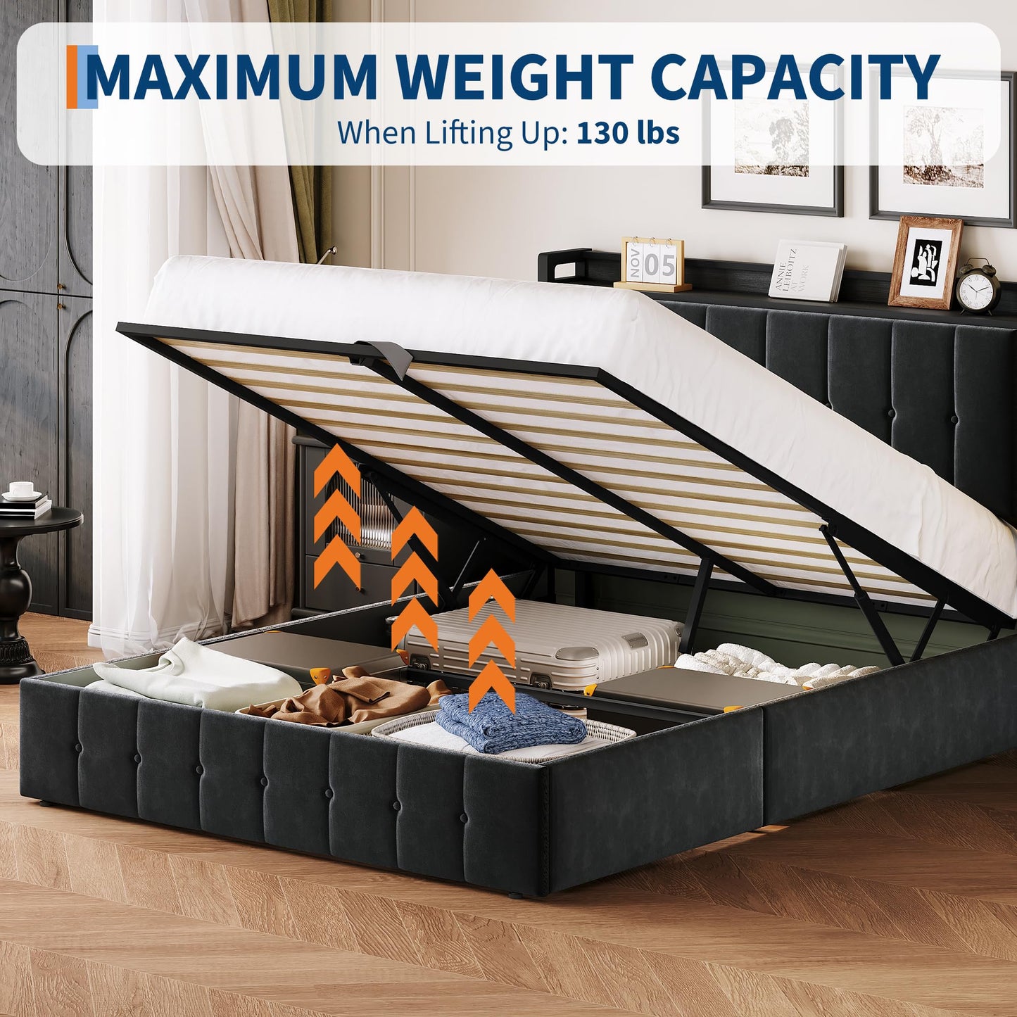IDEALHOUSE Full Bed Frame with Lift Up Storage, Upholstered Velvet Bed with Storage Headboard, Metal Platform Bed, Button Tufted Headboard, No Box Spring Needed, Solid Wooden Slats, Black