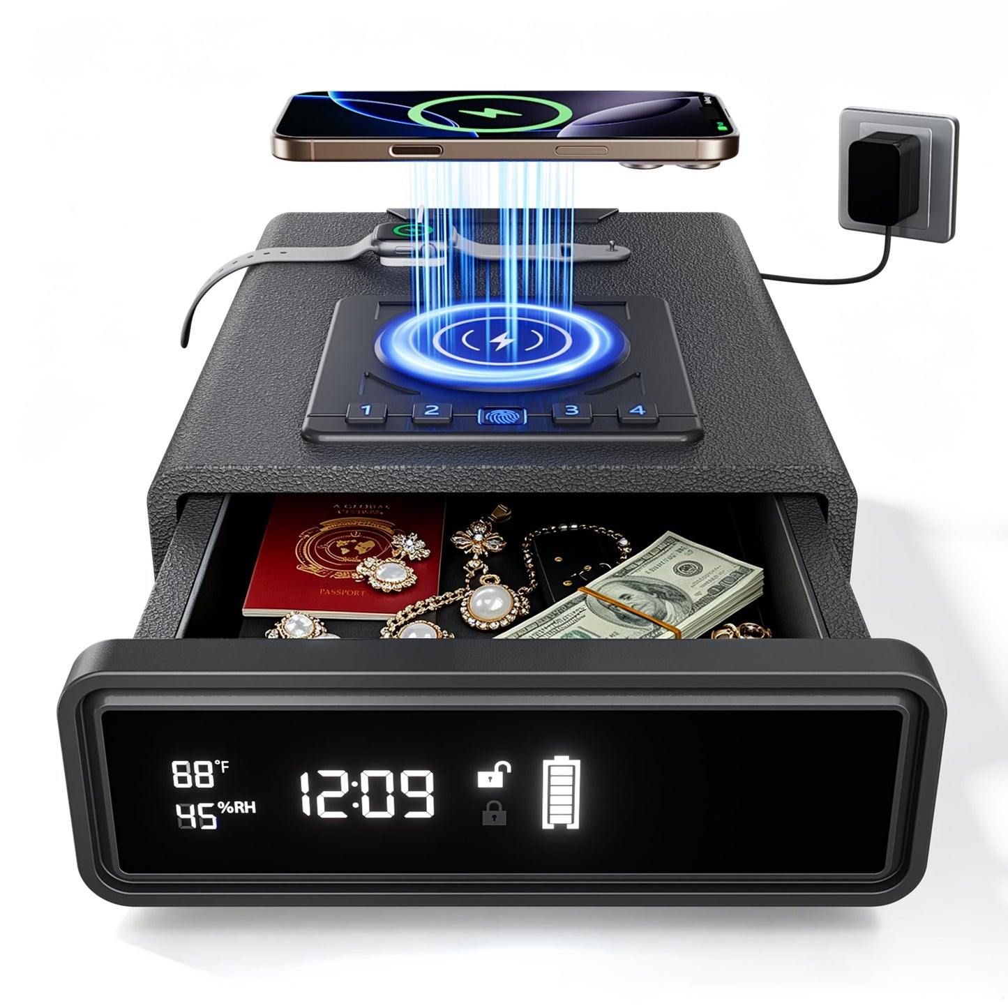 ORARAER Biometric Gun Safe with Wireless Charging, 12-Hour Clock Display & Adjustable Brightness, Bedside Pistol Safe with Fingerprint, Backup Key, LED Light & Humidity Monitor，Ideal Gift for Men
