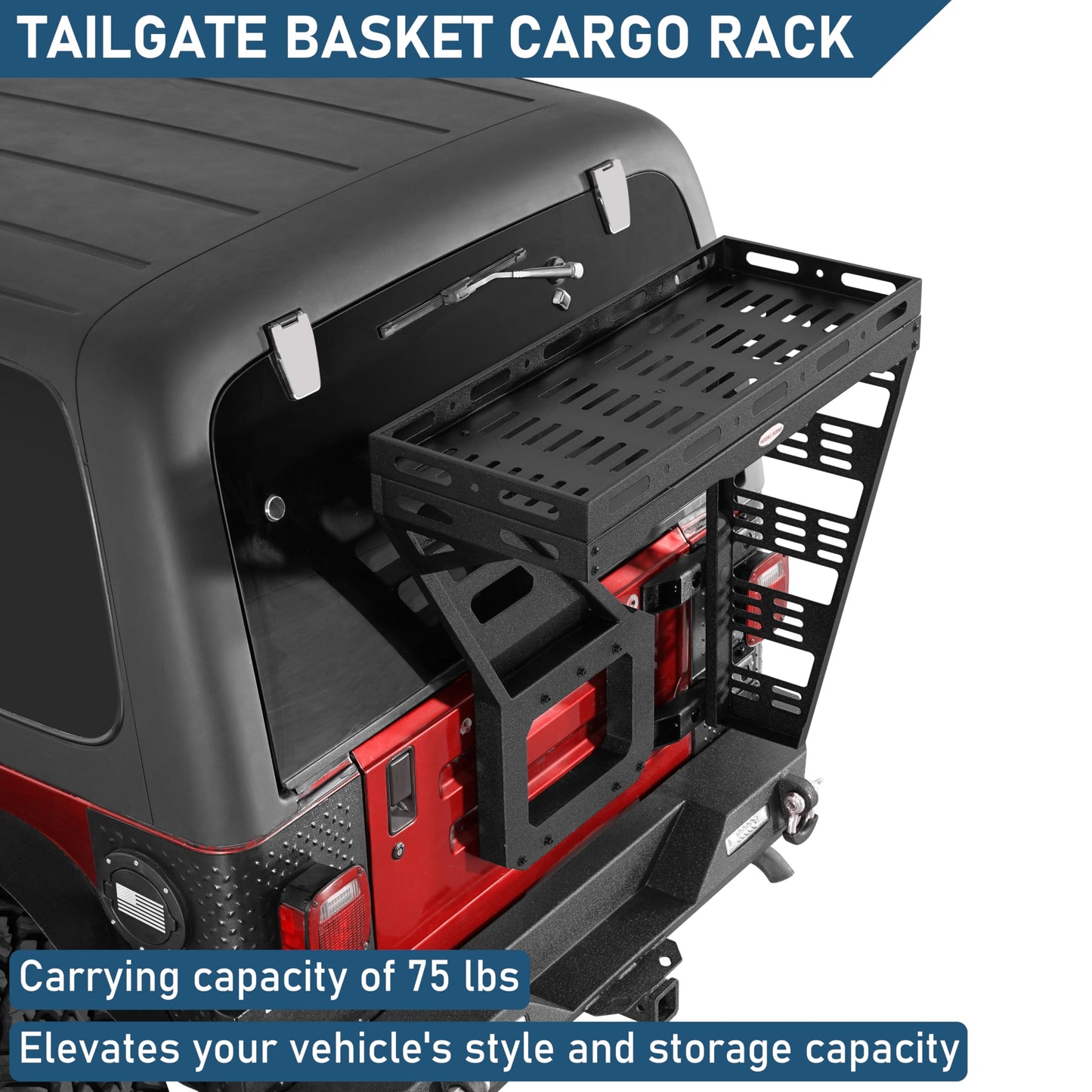 Hooke Road Tailgate Storage Basket Spare Tire Cargo Rack for 1997-2006 Jeep Wrangler TJ, Steel Luggage Carrier Tray with Reinforced Tailgate Hinge for Overlanding Camping Accessories