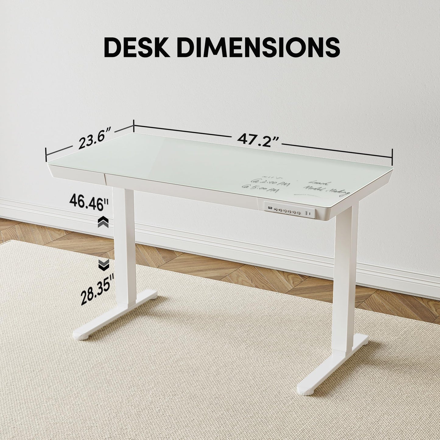 BANTI Electric Standing Desk with Drawers, 48 inch Whole-Piece Glass Desktop, Height Adjustable Stand up Sit Stand Home Office Ergonomic Workstation, White Tabletop