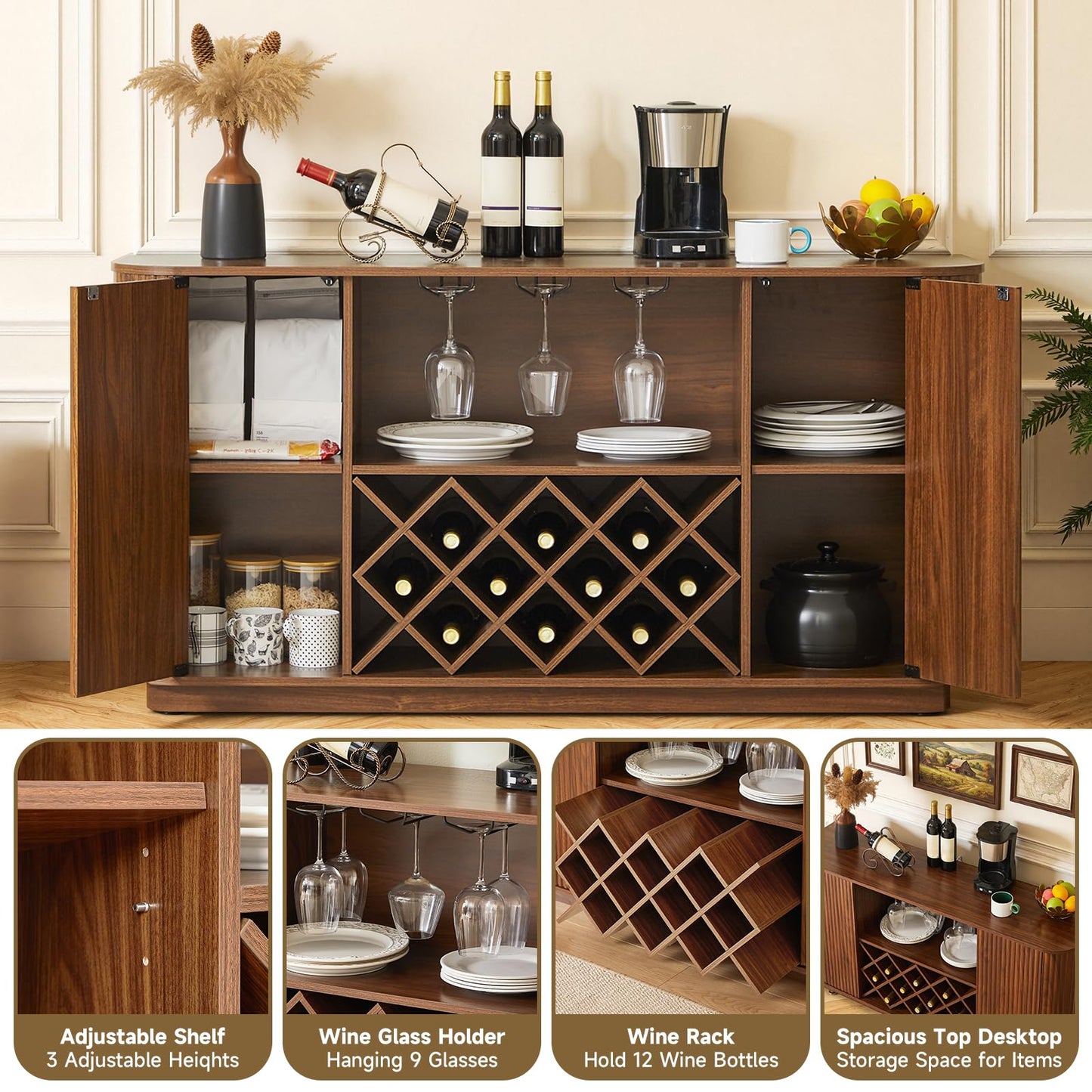 Rovibek Fluted Wine Bar Cabinet with Storage, 58" Buffet Sideboard Cabinet Sideboard with Wine Rack & Glass Holder, Farmhouse Wine and Coffee Bar Cabinet for Living Room, Kitchen, Walnut
