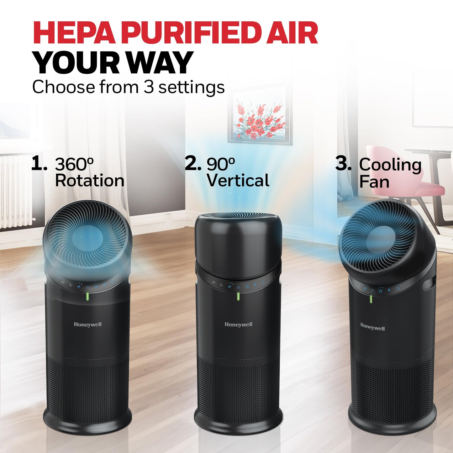 Honeywell Allergen Plus™ 3-in-1 HEPA Air Purifier, Standing Fan & Air Circulator, 1928 Ft² Rooms in 1 Hour, Quality Sensor, Sleep Mode, Reduces Allergens, Pet Dander, and Odors, Black, HPA6000B