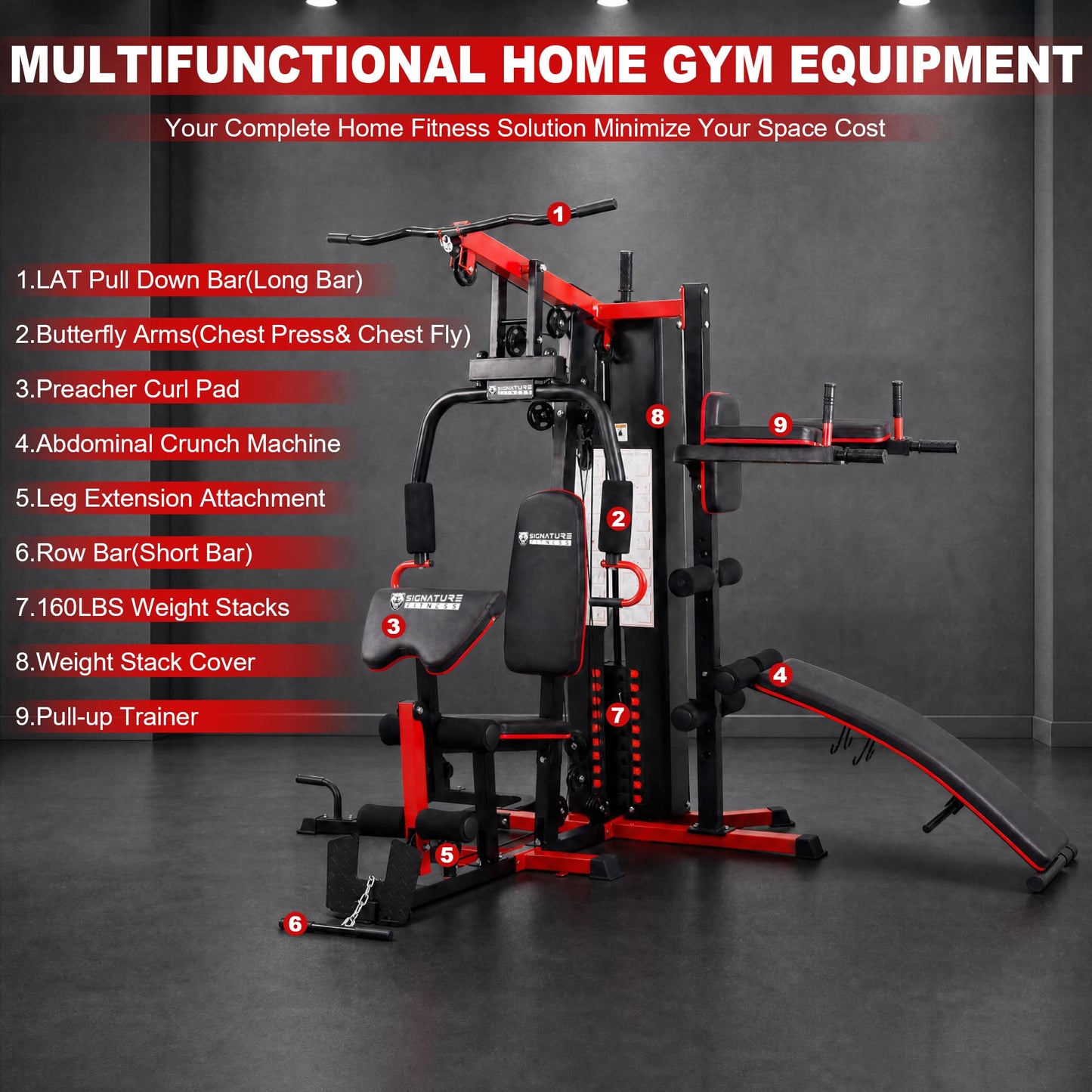 Signature Fitness Home Gym System Workout Station, Smith Machine & Leg Press – Multifunctional All-in-One for Full Body Strength Training, LAT Pull-Down, Pulley System, and Seated Rowing