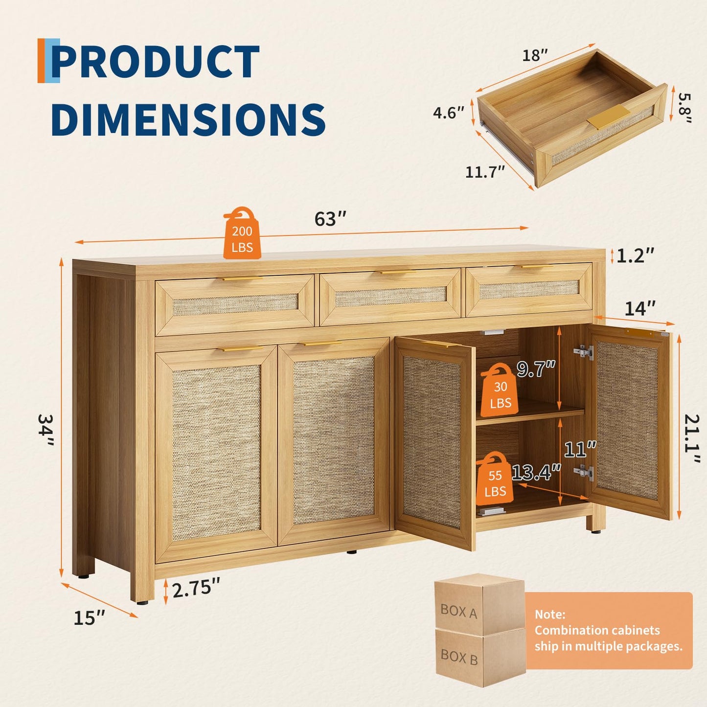 Garvee 63in Sideboard Buffet Cabinet with Storage, Rattan Farmhouse Credenza Coffee Bar Cabinet with 3 Drawers 4 Doors and Adjustable Shelves for Dining Room Kitchen