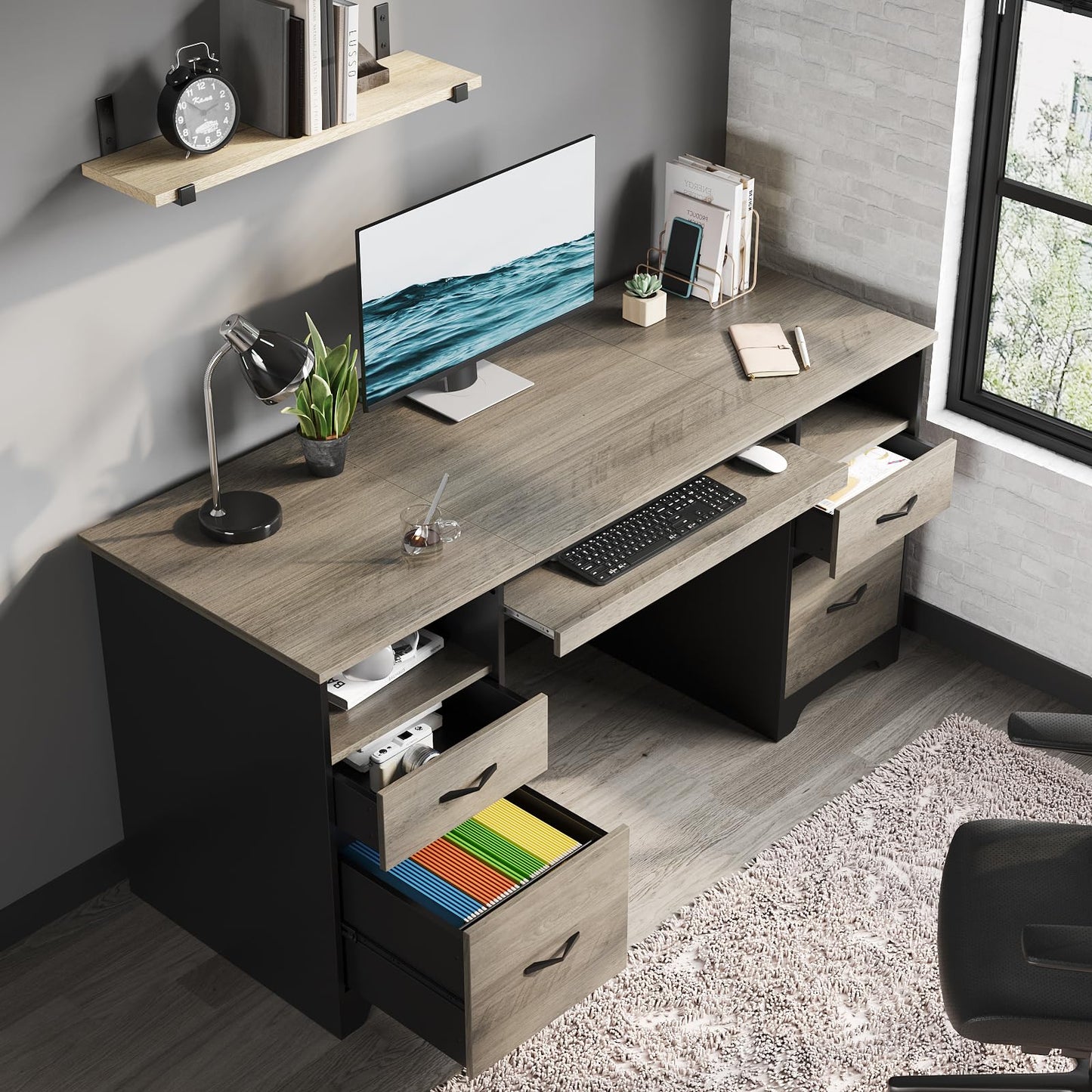 Bestier 59 Inch Office Desk with 4 Drawers, Computer Desk with Storage, Executive Desk with File Drawer, Keyboard Tray & 2 Pedestals on Both Sides for Home Office, Studio, Grey&Black