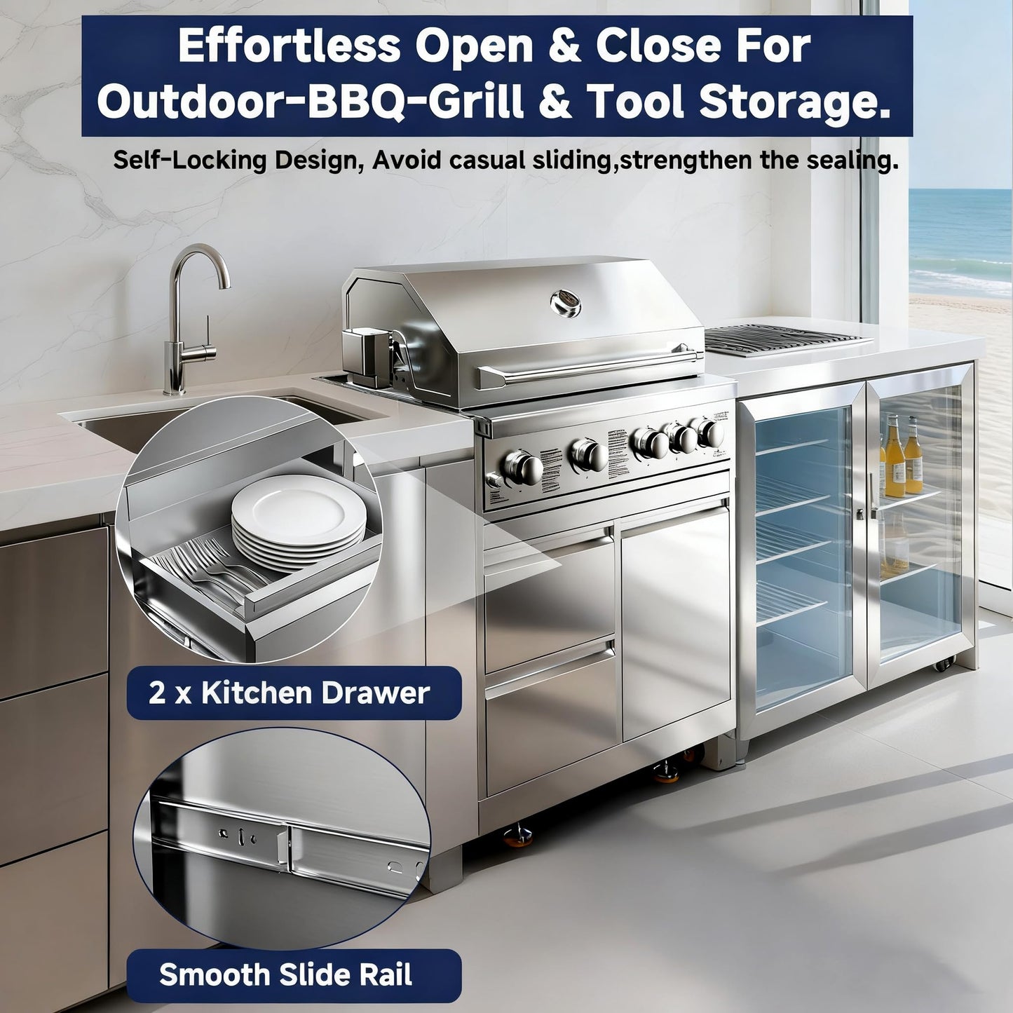 BODEGA Outdoor Stainless-Steel Kitchen Drawers Cabinet For Built-in BBQ Grill .Stainless-Steel outdoor kitchen grill cabinet with 2 Drawers and Propane Tank Storage,(Fits 30"-MK04SS304 Propane Grill).