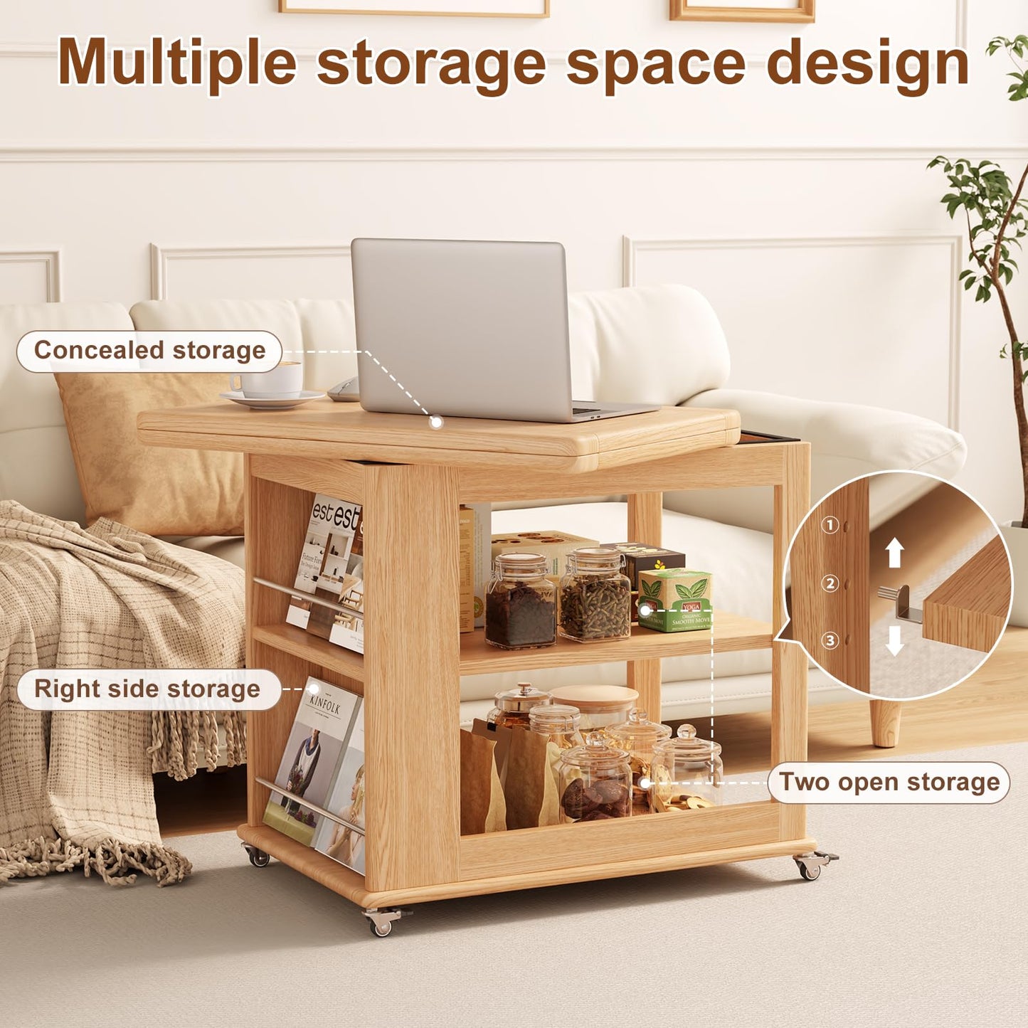 YQJJGL Expandable Coffee Table with Hidden Storage and Wheels, Convertible Wood Center Table with 2-Tier Adjustable Shelves, Rolling Coffee Table for Living Room, Small Spaces,Natural