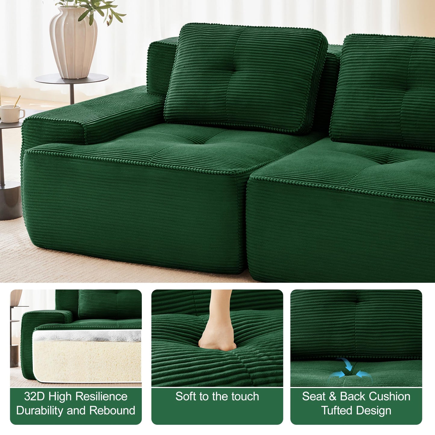 KEIKI 80" Oversized Corduroy Modular Sectional Loveseat Sofa with High-Density Foam Cushion & 2 Pillow, Upholstered Anti-slip Design 2-Seater Tufted Couch, No Assembly Required, for Living Room, Green