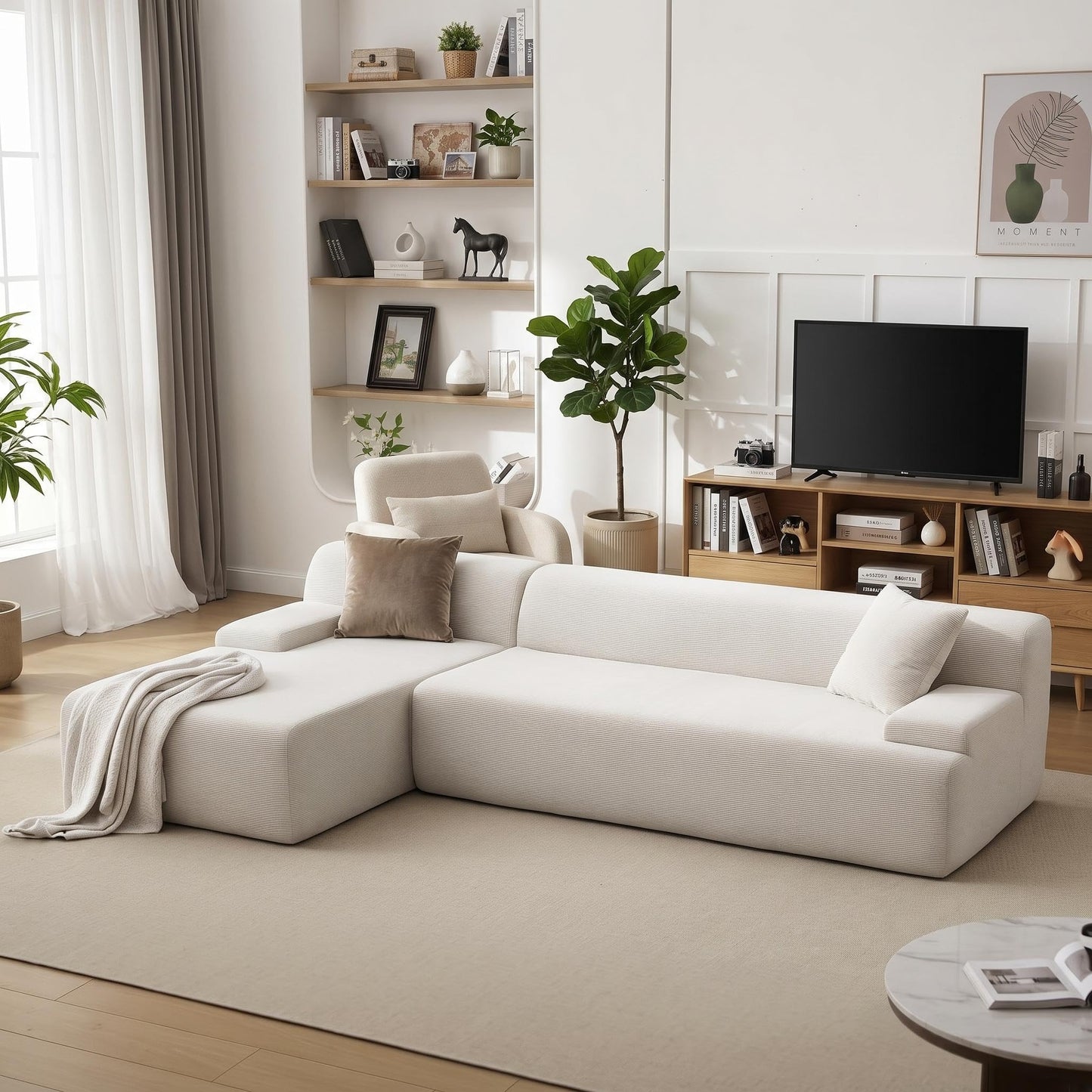 PeakPursuit Oversized 108" Corduroy Cloud Sectional, Left-Facing Chaise Boneless Modular Sofa, Soft Deep Lounger for Living Room, No Assembly Needed