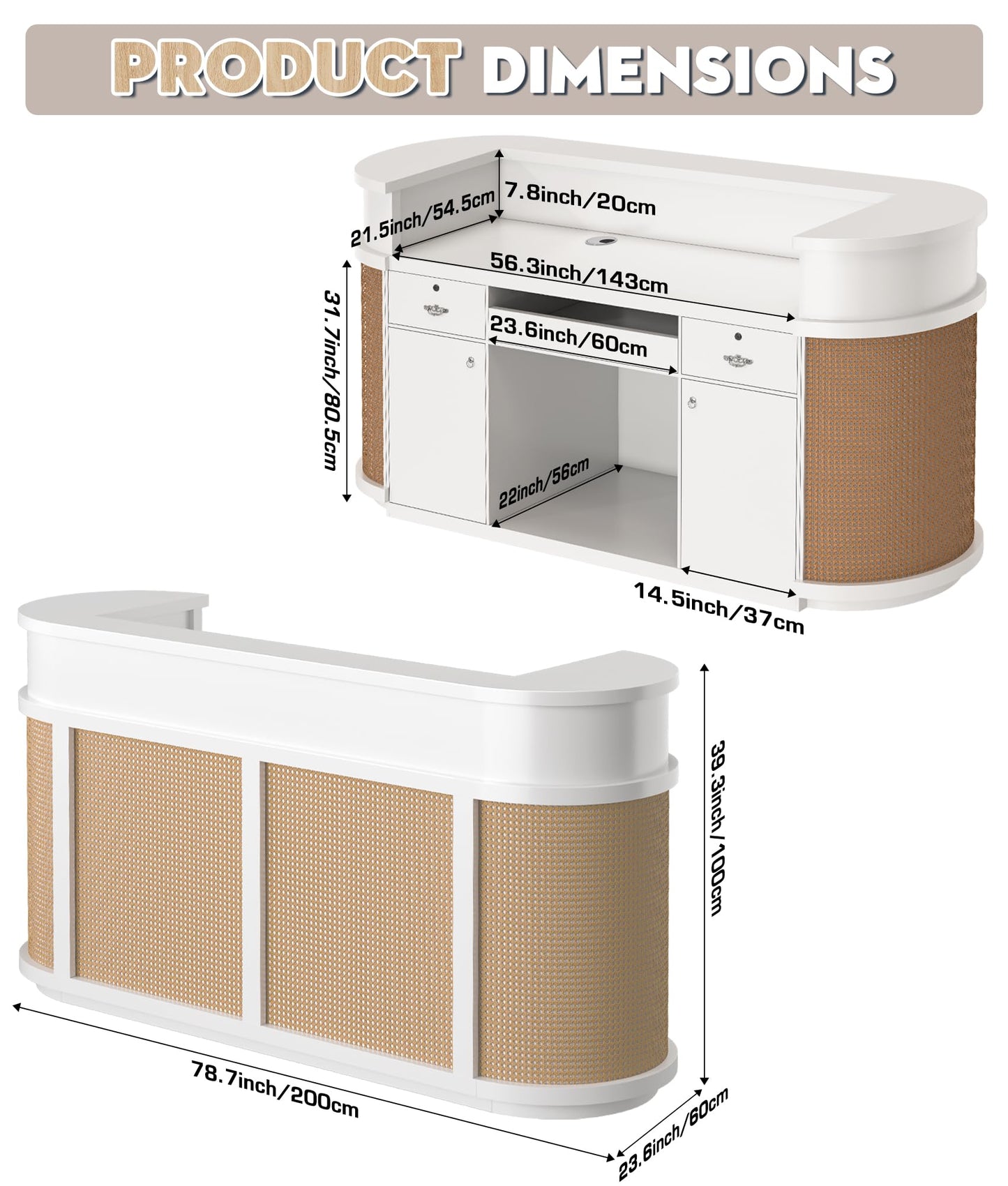 Fully Assembled Rattan Reception Desk, Modern Commercial Front Desk with Lockable Drawer & Cable Management Hole, Heavy Duty Wooden Checkout Counter for Office, Business, Beauty, Spa, Nail, Hair Salon