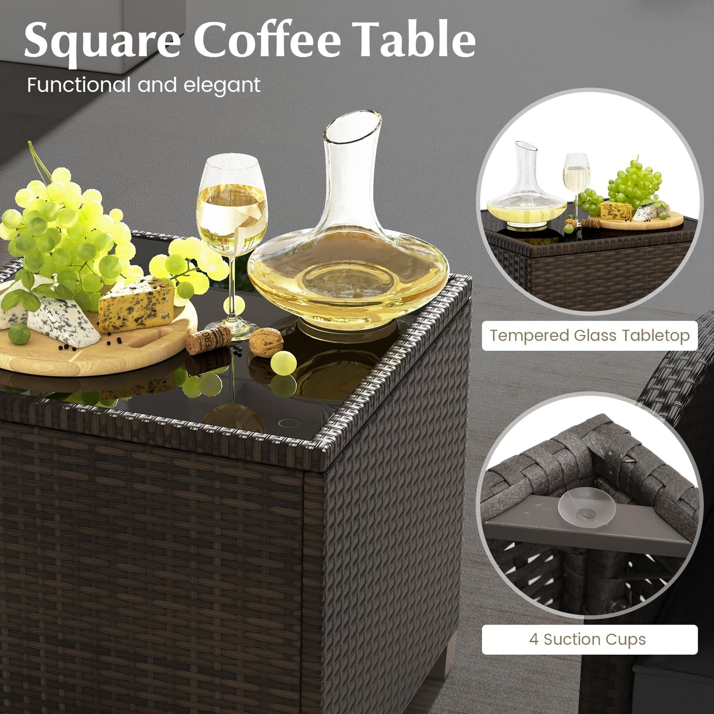 Tangkula 5 Pieces Patio Conversation Set, PE Wicker Rattan Outdoor Furniture Set with 2 Chairs, 2 Ottomans & Tempered Glass Coffee Table, Ideal for Poolside, Backyard, Lawn, Deck, Mix Brown & Black