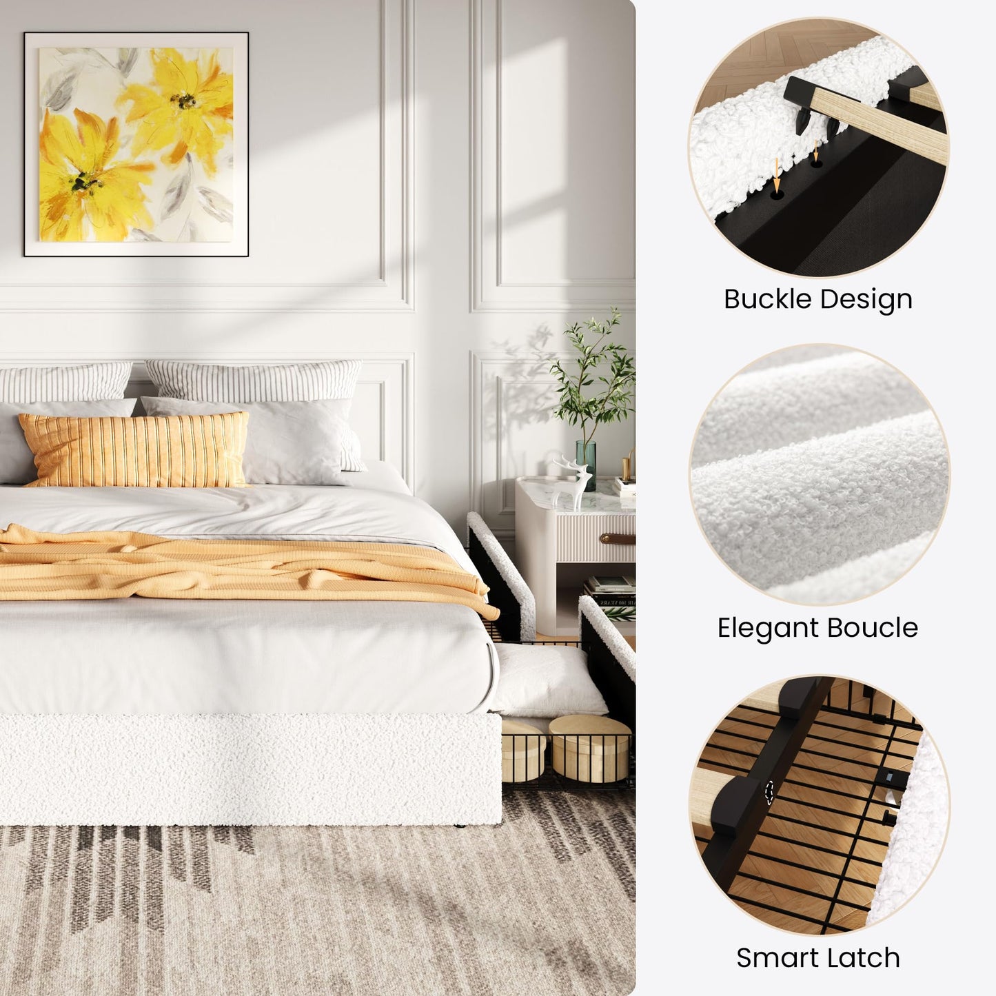 SHA CERLIN Boucle King Size Bed Frame with 4 Spacious Drawers, Platform Bed with Soft Teddy Fabric Upholstery, Sturdy Wooden Slats Support, No Box Spring Needed, Noise Free, Easy Assembly, White