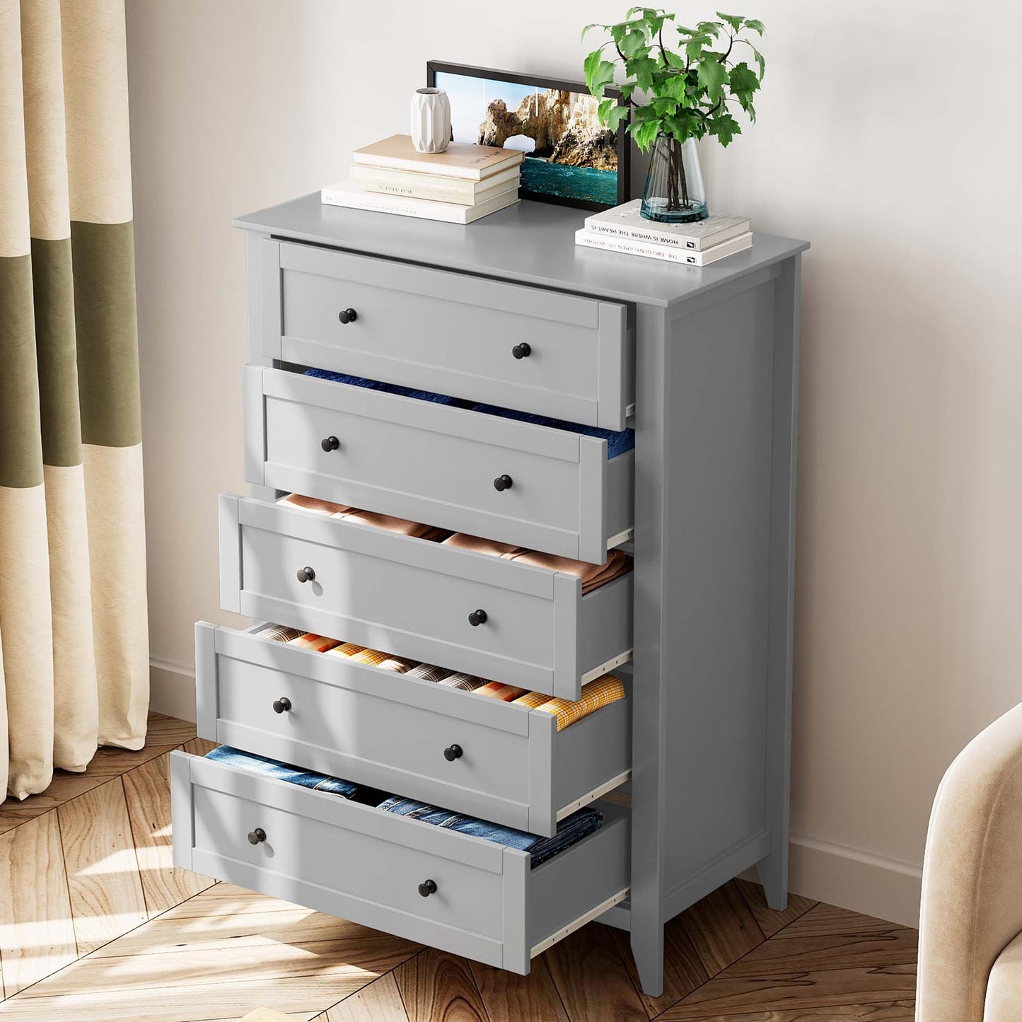 Garvee 5 Drawer Dresser for Bedroom, Modern Tall Chest of Drawers with Metal Knobs, Wooden Clothes Storage Organizer for Closet, Nursery, Living Room, Apartment, Grey