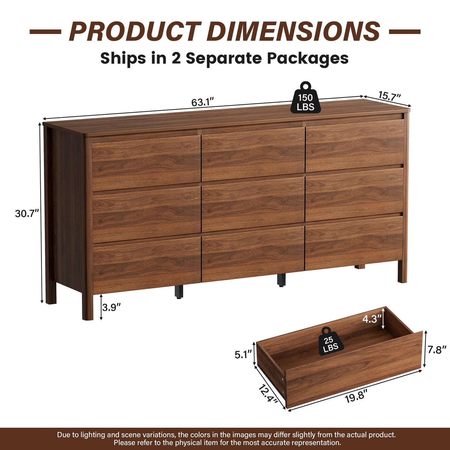 Furniway 63" Mid-Century Modern Dresser for Bedroom, 9 Drawer Wide Chest of Drawers with Wood Legs, Large Storage Bedroom Dresser, Walnut