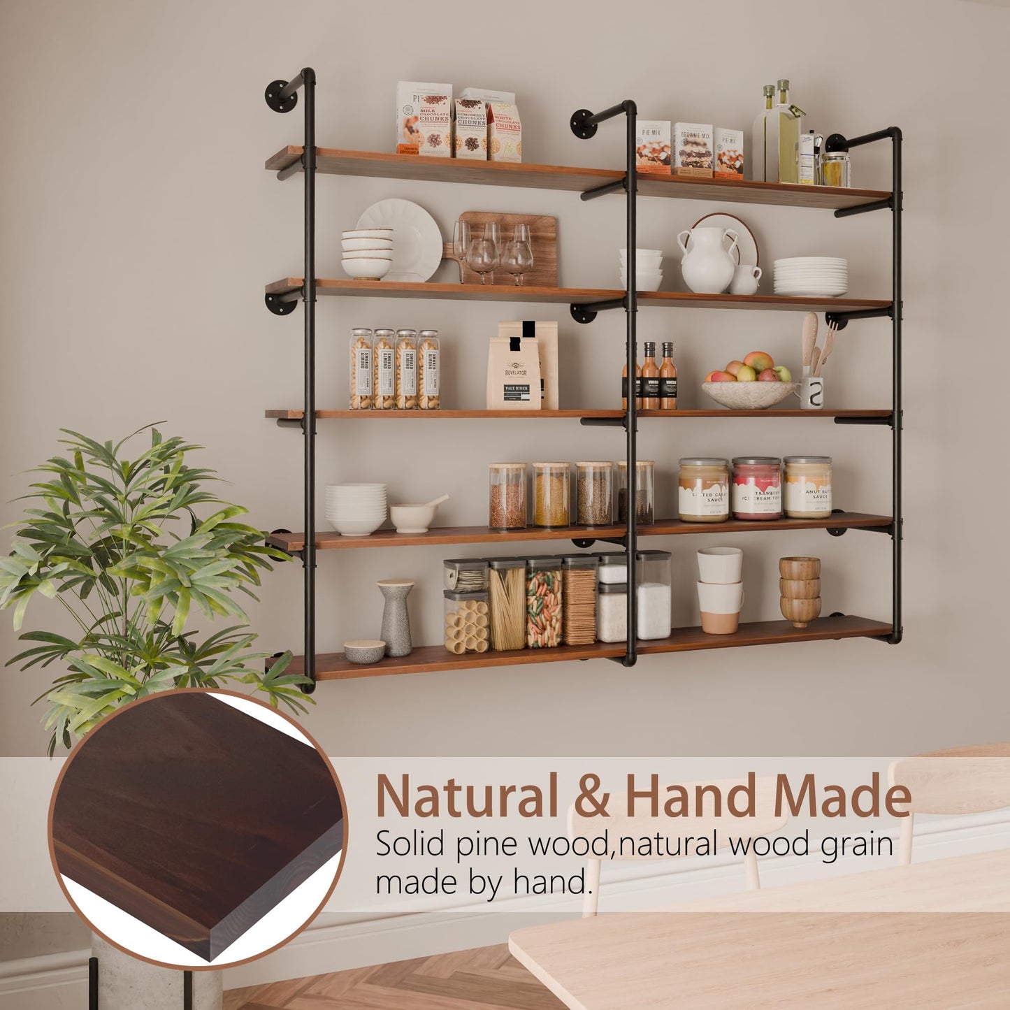 ONOTETUT Industrial Iron Pipe Shelf 5 Tier,72 inch Pipe Shelving with Solid Wood Plank,Open Book Shelves Storage,Floating Wall Mount Bookcases for Living Room,Office,Kitchen