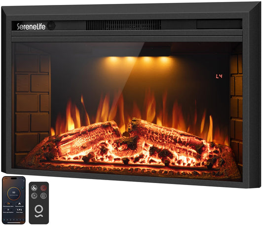 SereneLife Electric Fireplace Insert with Heater | Smart Wi-Fi App Control & Remote | 700W/1500W Adjustable Thermostat with Overheat Protection | 36"x21" Recessed or Wall Mount Design