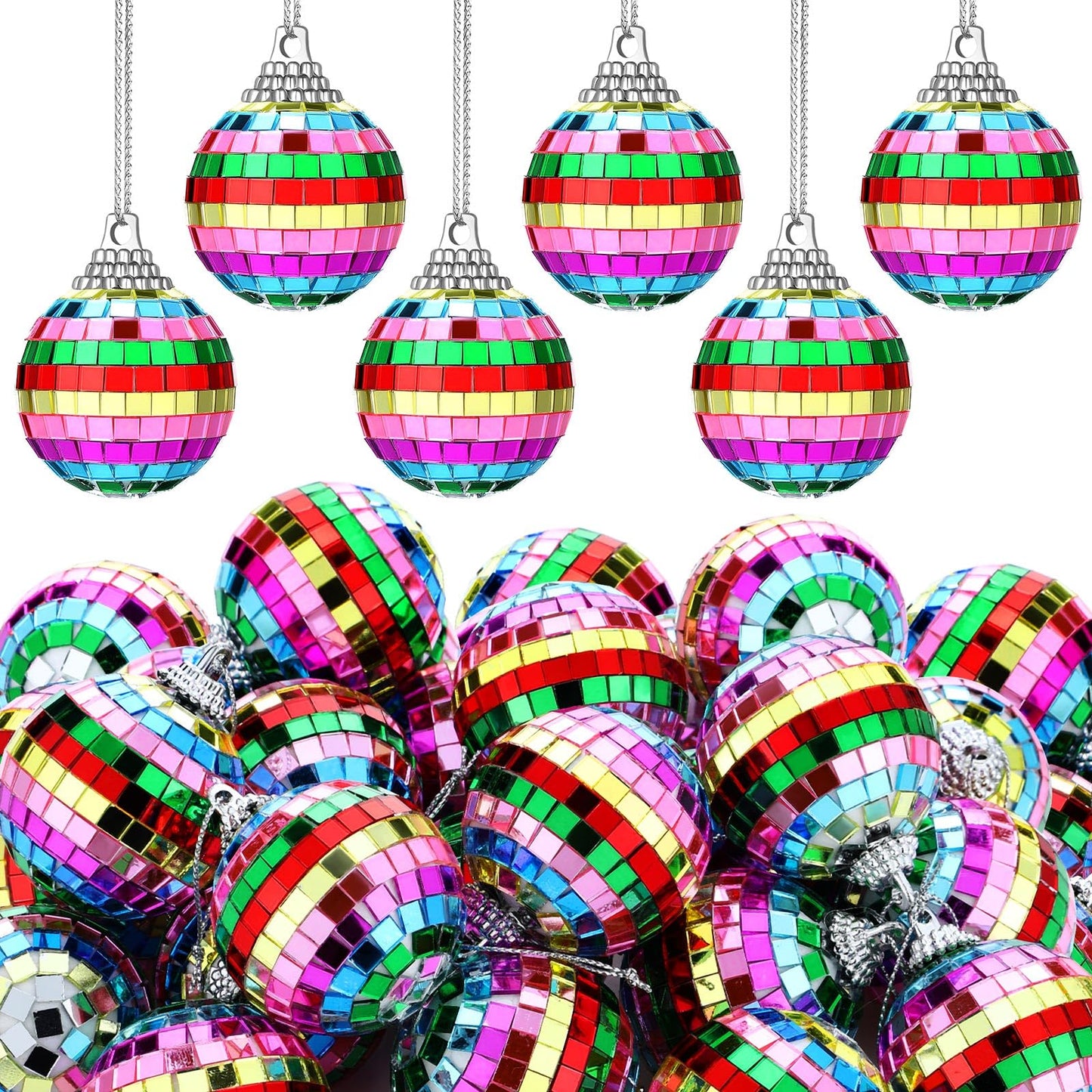 BBTO Mini Christmas Disco Balls 24 Pieces Reflective Glass Hanging Decoration 1.97 Inch Colorful