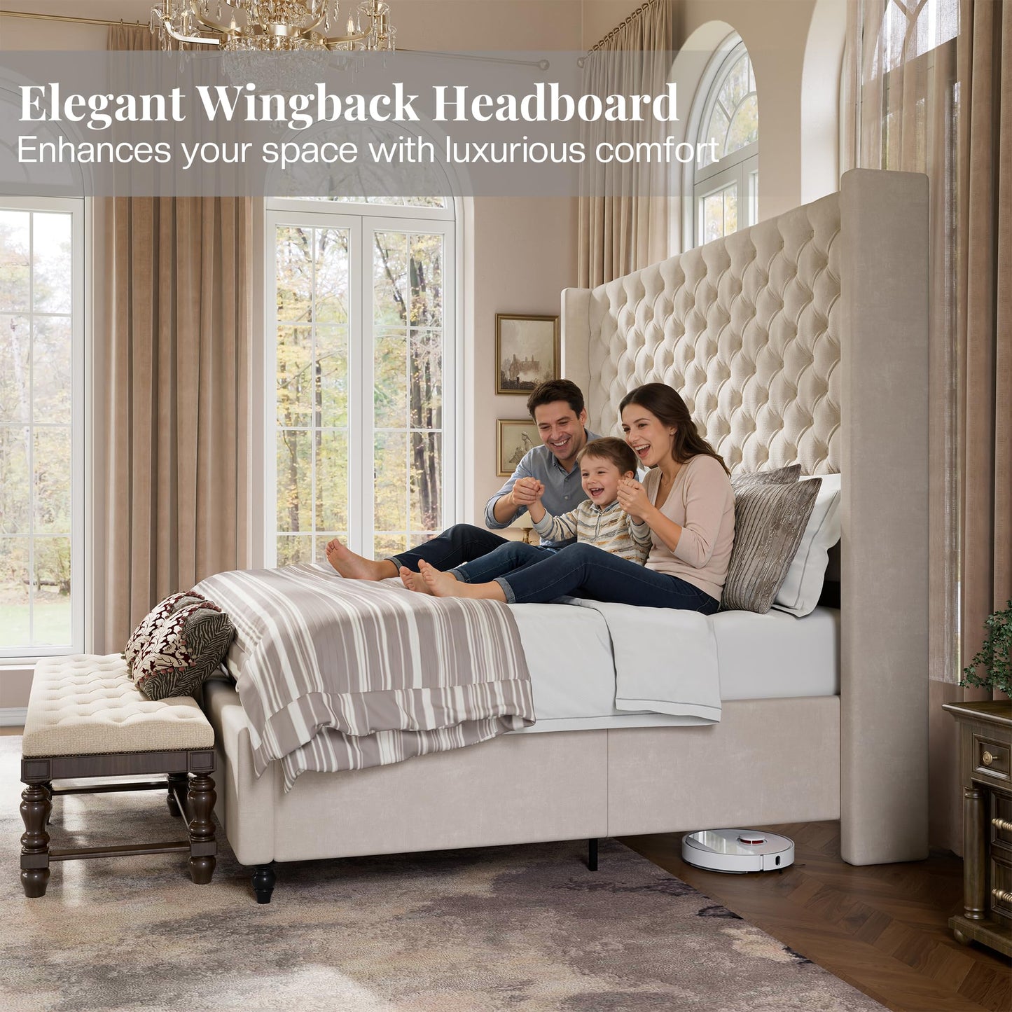 Jocisland King Size Bed Frame with 65" Tall Headboard, Upholstered Wingback Platform Design, Handcrafted Pleats & Deep Button Tufted, Solid Wood Legs, No Box Spring Needed, Cream