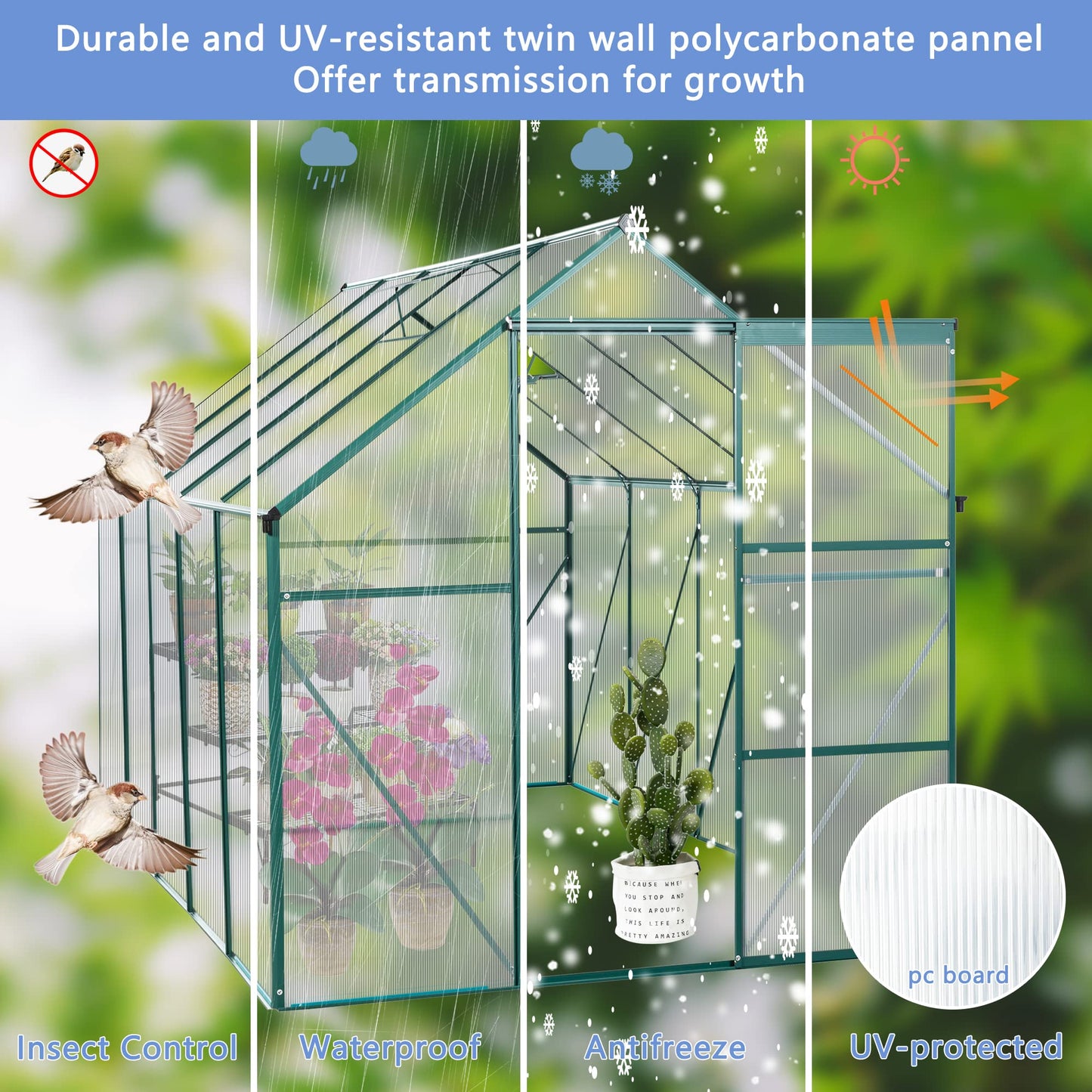 YOPTO 6X10 FT All Season Heavy Duty Walk-in Greenhouses, Outdoor Polycarbonate Plants Green House for Backyard Garden, Sliding Door Raised Base Anchor Aluminum, Green
