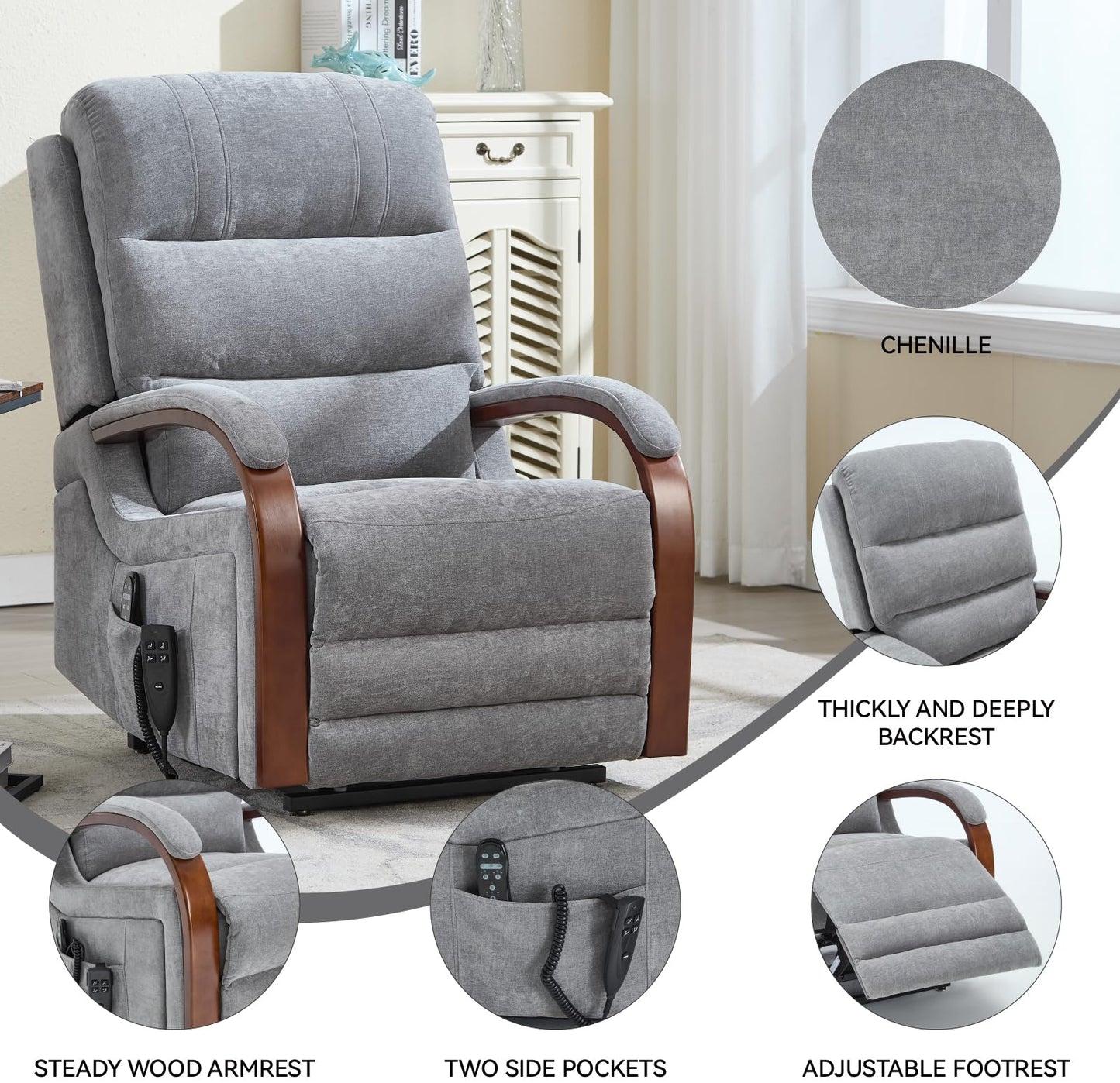 KEIKI Chenille Electric Power Lift Recliner Chair with Heat Massage, Solid Wood Armrests & Timer Function, Elderly Lazy Boy Sofa Seating for Home Theater, Infinite Position, Dual Motor, Up to 350 LBS